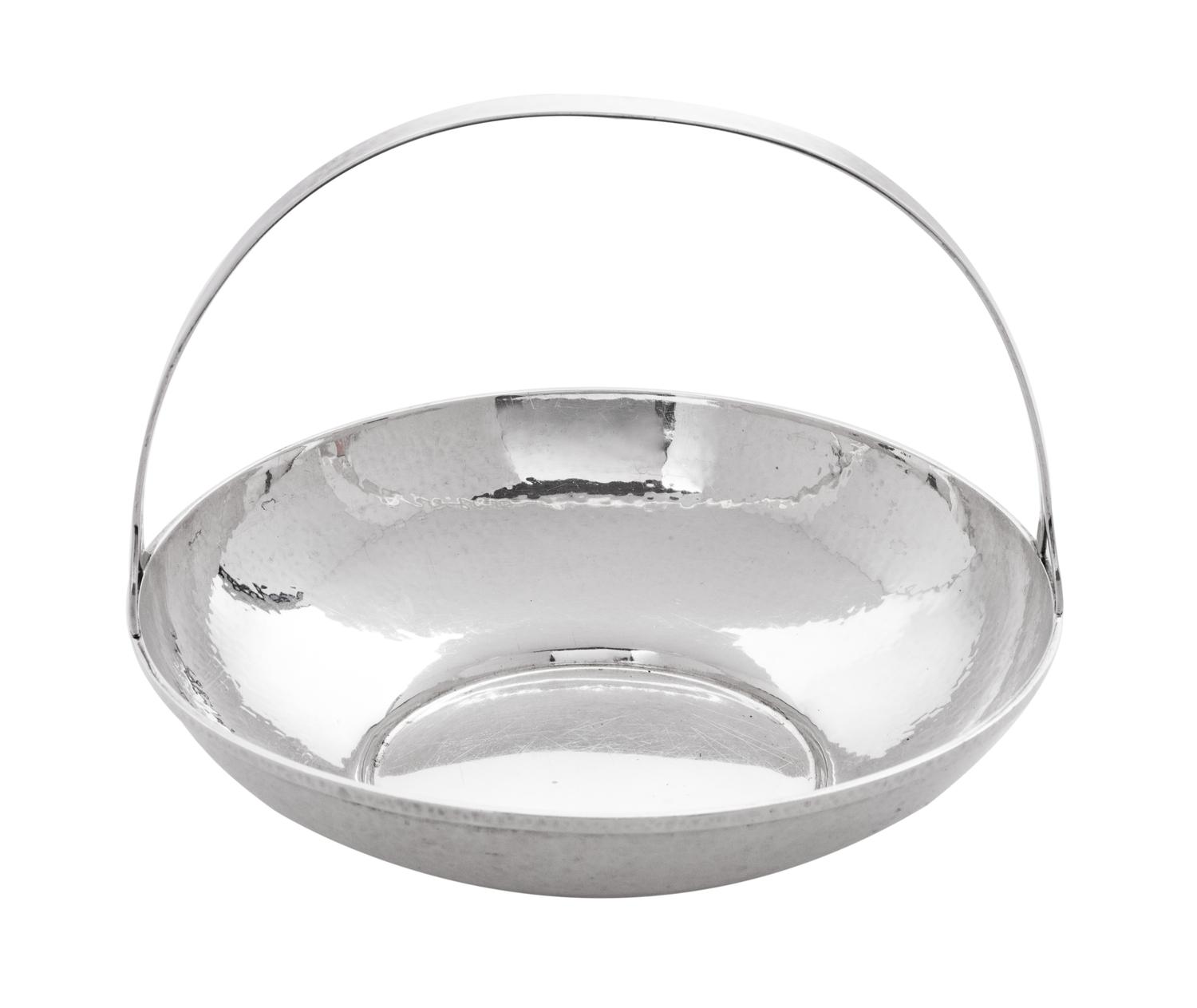An American Silver Handled Basket, Lebolt & Co., Chicago, IL, with hammered surface and applied monogram.