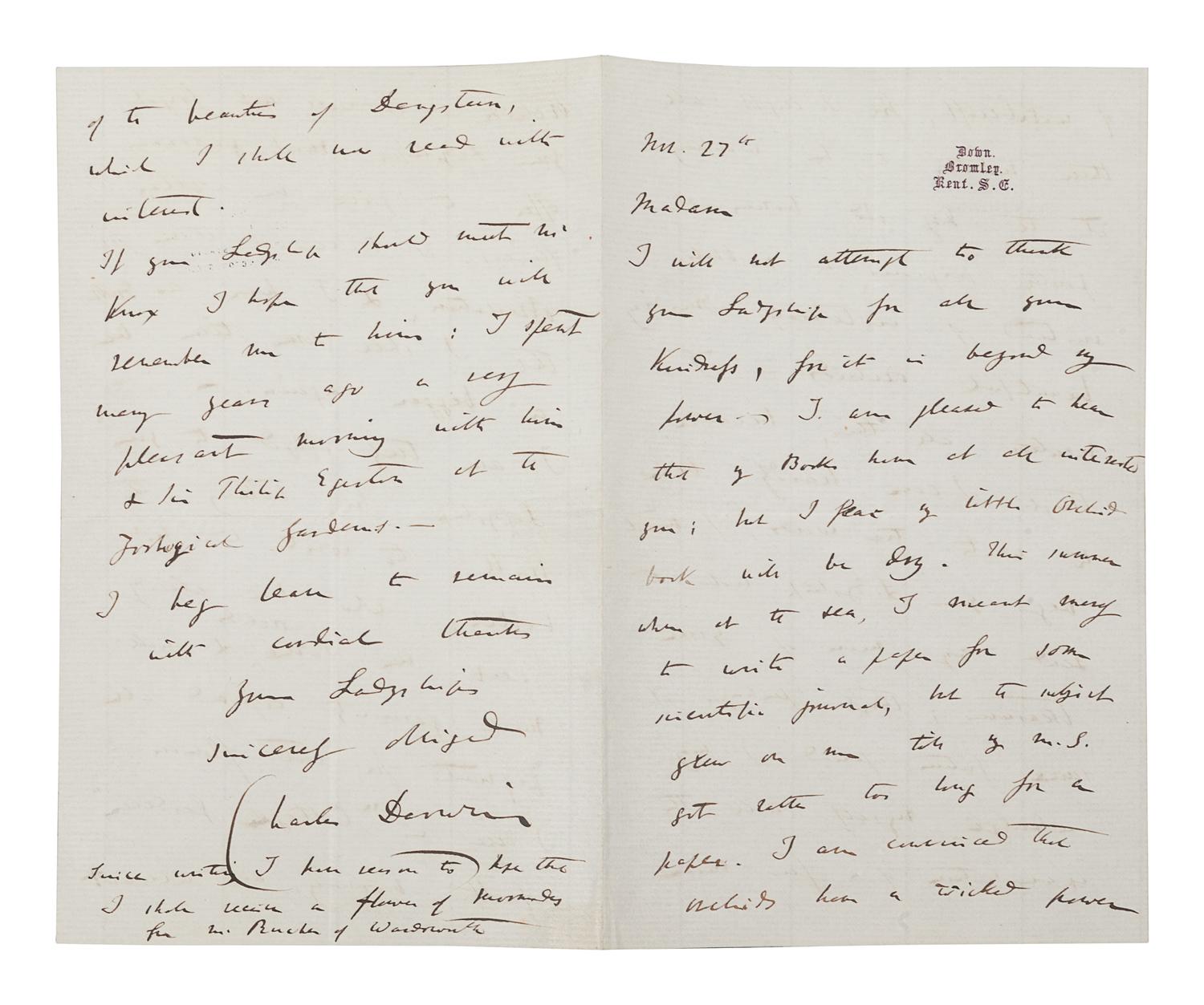 DARWIN, Charles (1809-1882). Autograph letter signed (“Charles Darwin”) to Lady Dorothy Fanny Nevill (“Madam”), Down, Bromley, Kent, 27 November [1861]. 4 pages, 8vo (203 x 127 mm), on a bifolium. Creased.