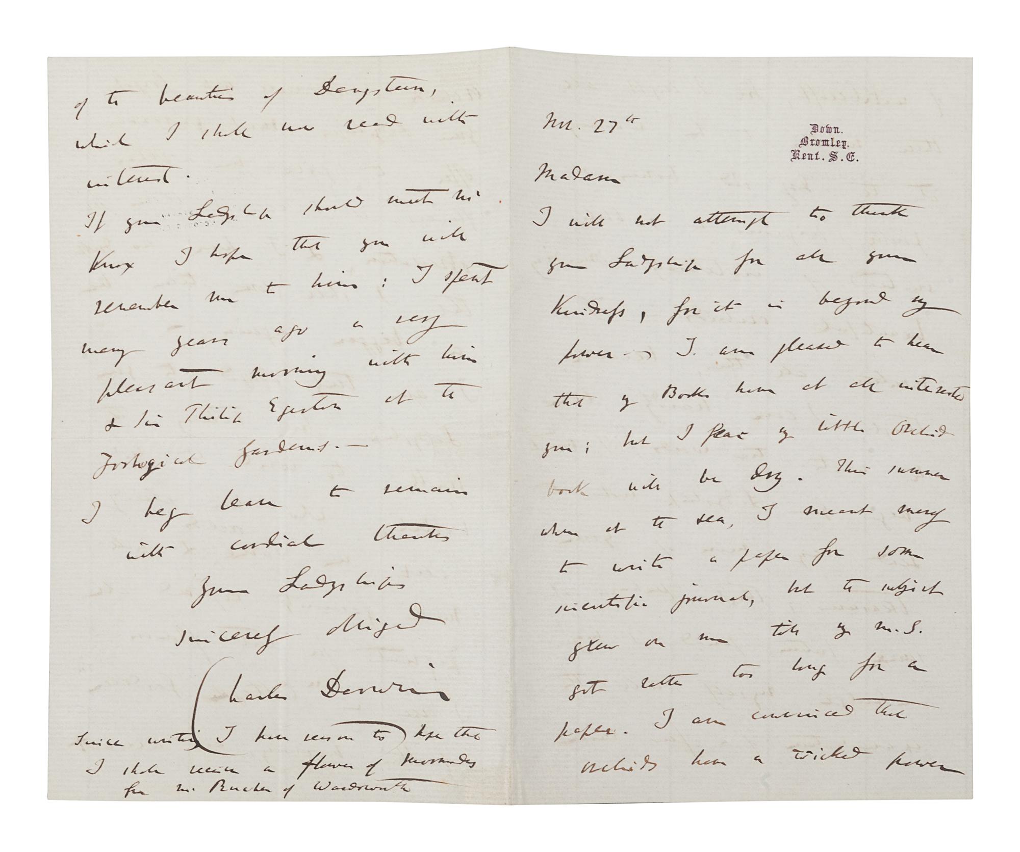 DARWIN, Charles (1809-1882). Autograph letter signed (“Charles Darwin”) to Lady Dorothy Fanny Nevill (“Madam”), Down, Bromley, Kent, 27 November [1861]. 4 pages, 8vo (203 x 127 mm), on a bifolium. Creased.
