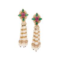 RUBY, EMERALD, DIAMOND, AND CULTURED PEARL TASSEL EARRINGS