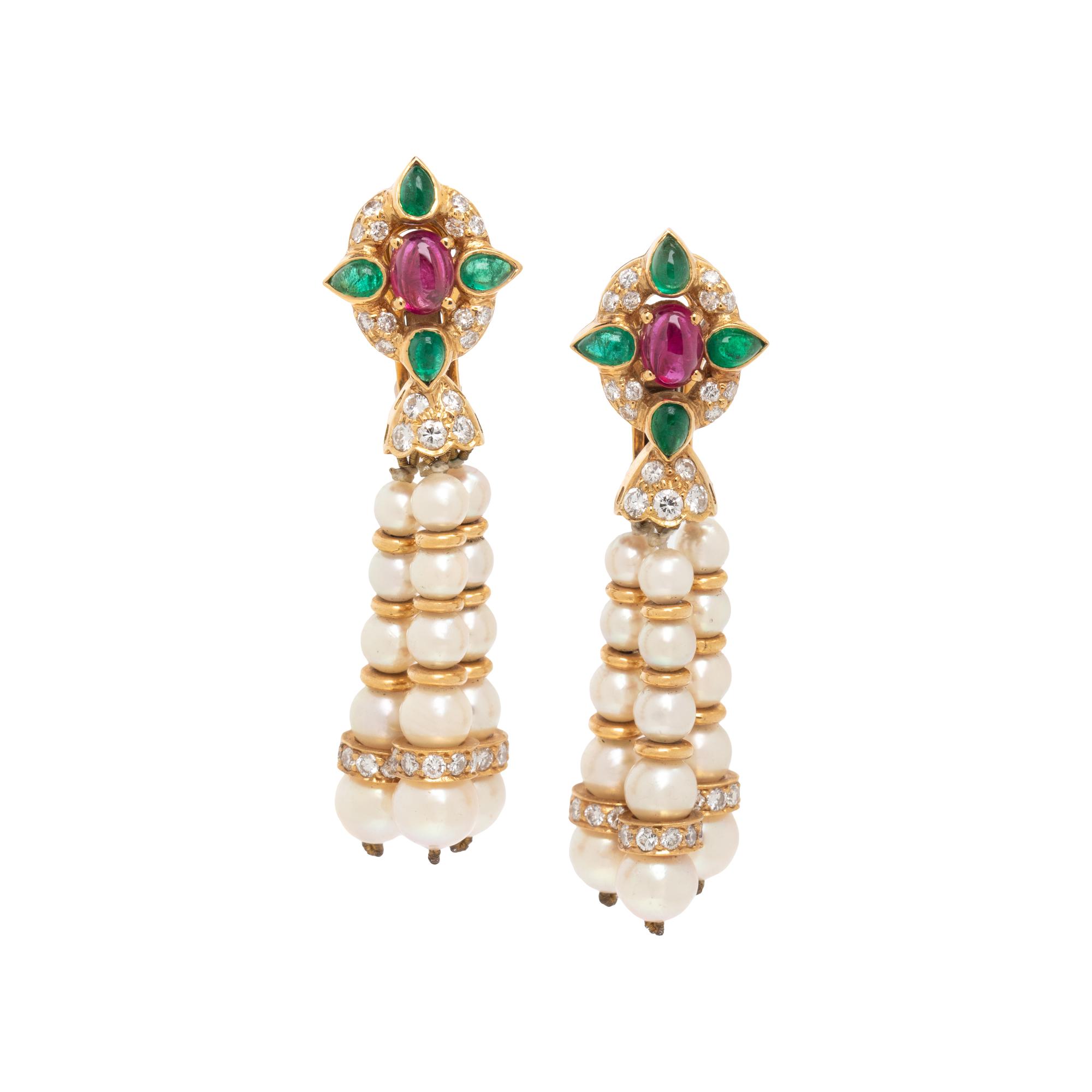 RUBY, EMERALD, DIAMOND, AND CULTURED PEARL TASSEL EARRINGS