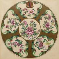 Five Parcel Gilt Watercolor Paintings of Armorial Porcelain Designs