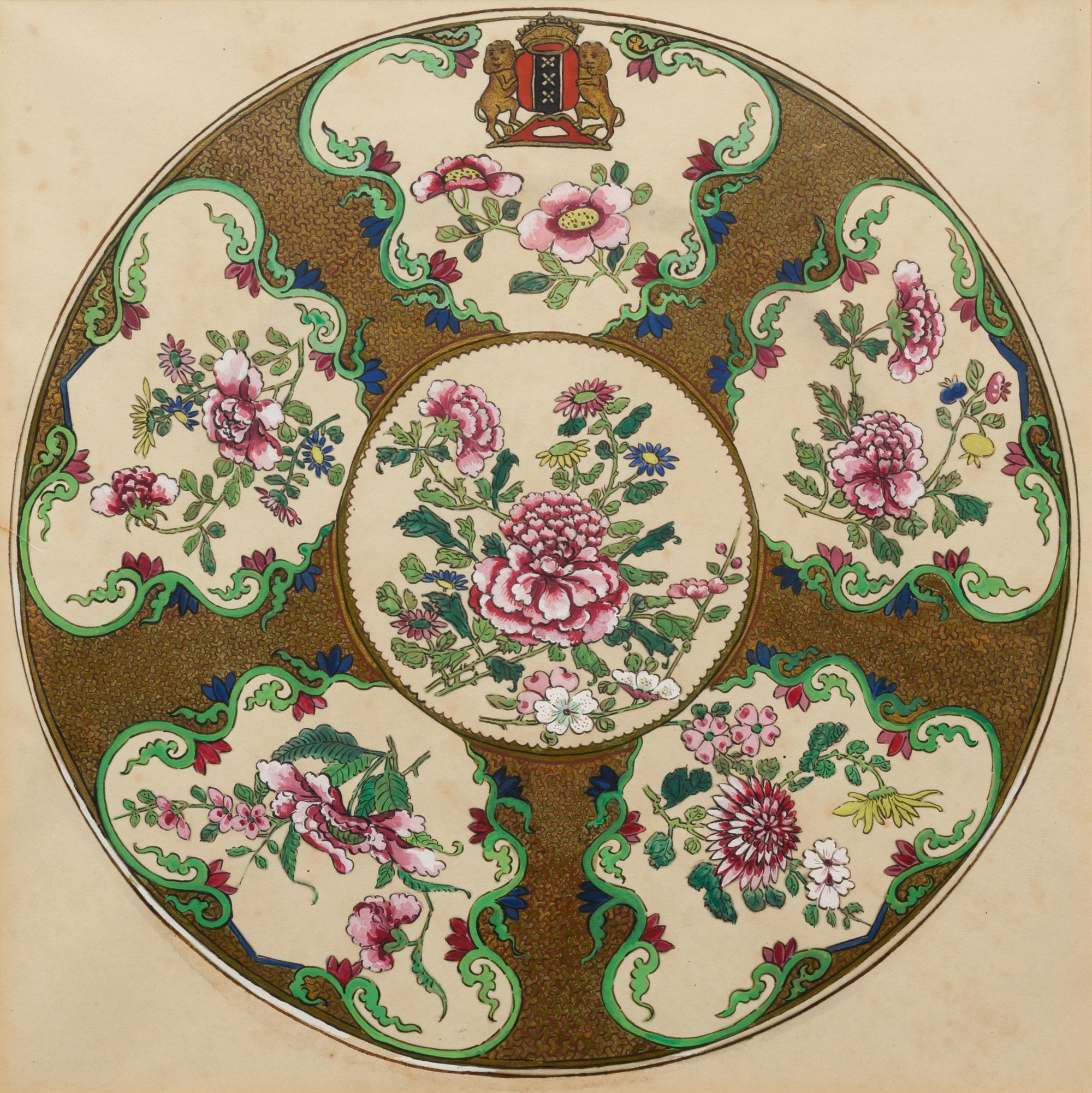 Five Parcel Gilt Watercolor Paintings of Armorial Porcelain Designs