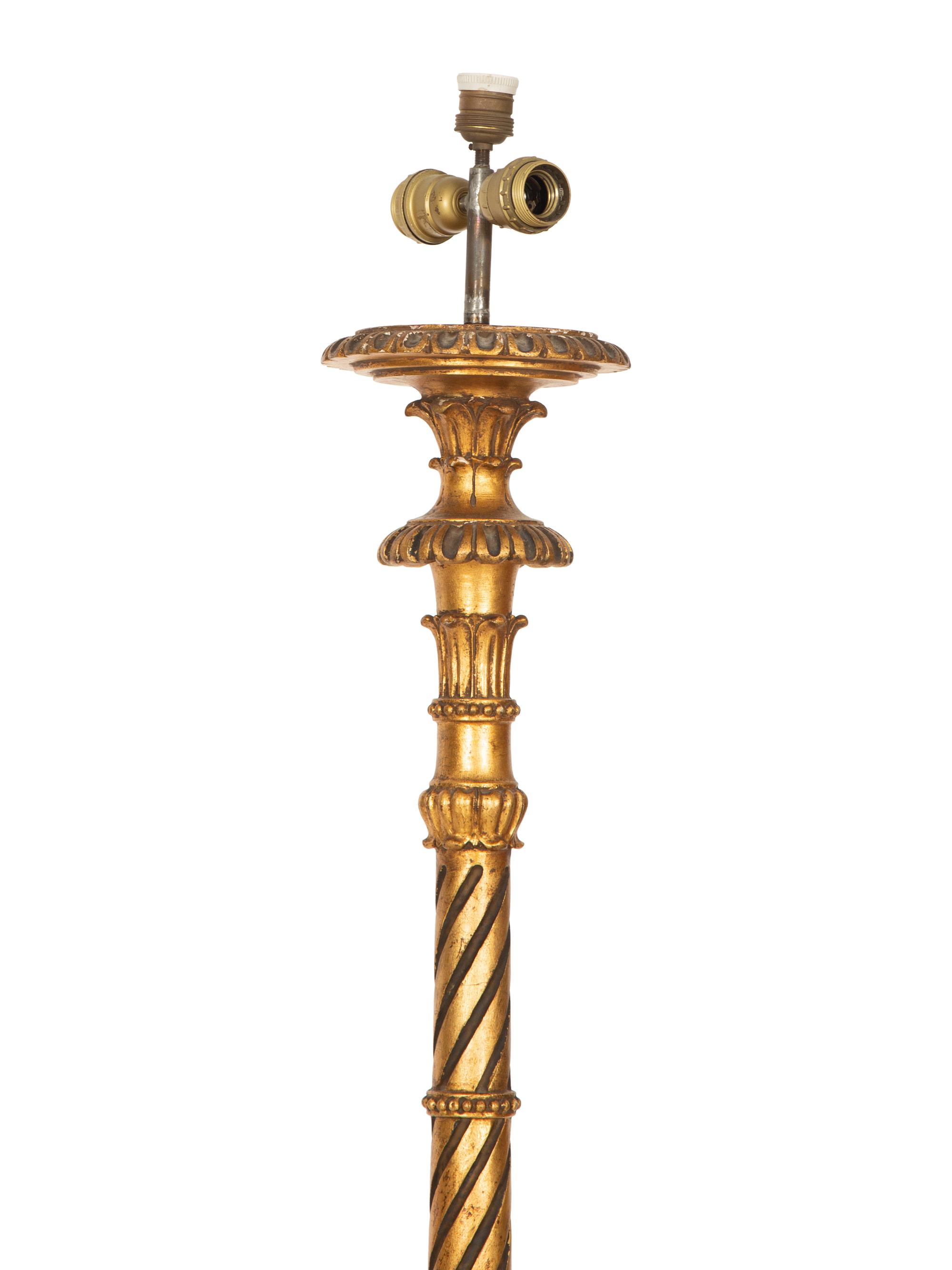 An Italian Giltwood Pedestal Table and a Torchère Mounted as a Floor Lamp