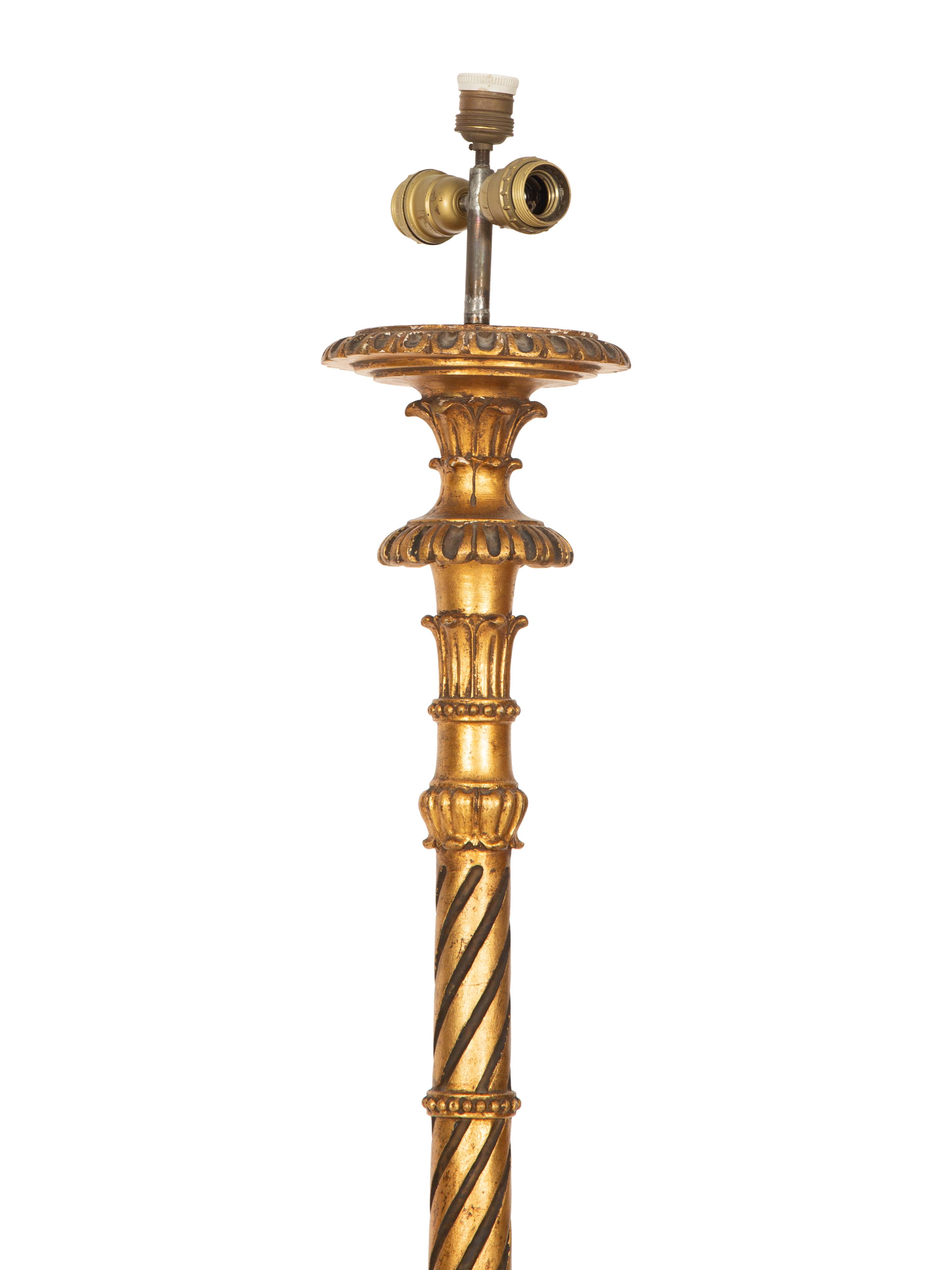 An Italian Giltwood Pedestal Table and a Torchère Mounted as a Floor Lamp