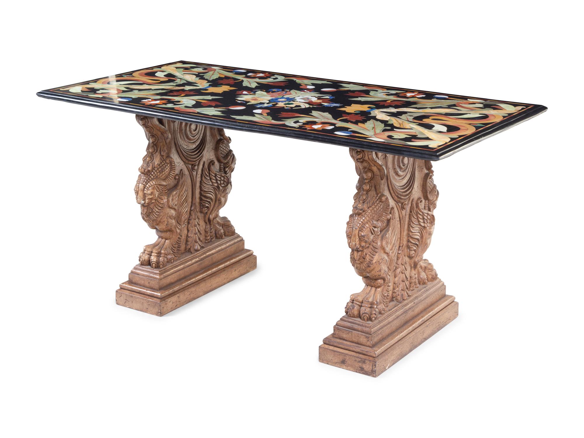 An Indian Pietra Dura Tabletop on an Associated Pair of Renaissance Revival Trestles