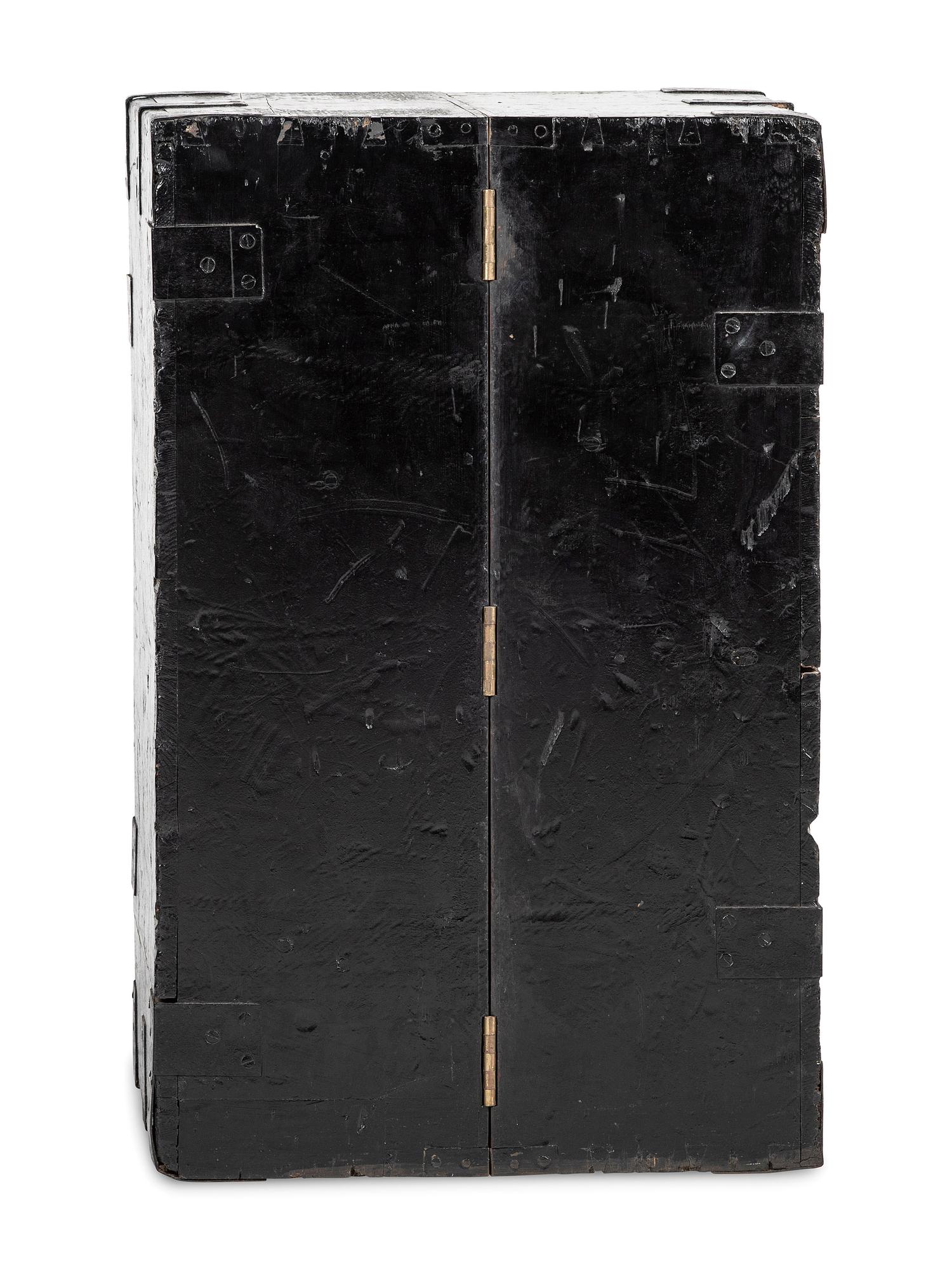 An English Black Brass and Iron Mounted, Painted Pine and Figured Mahogany Storage Chest