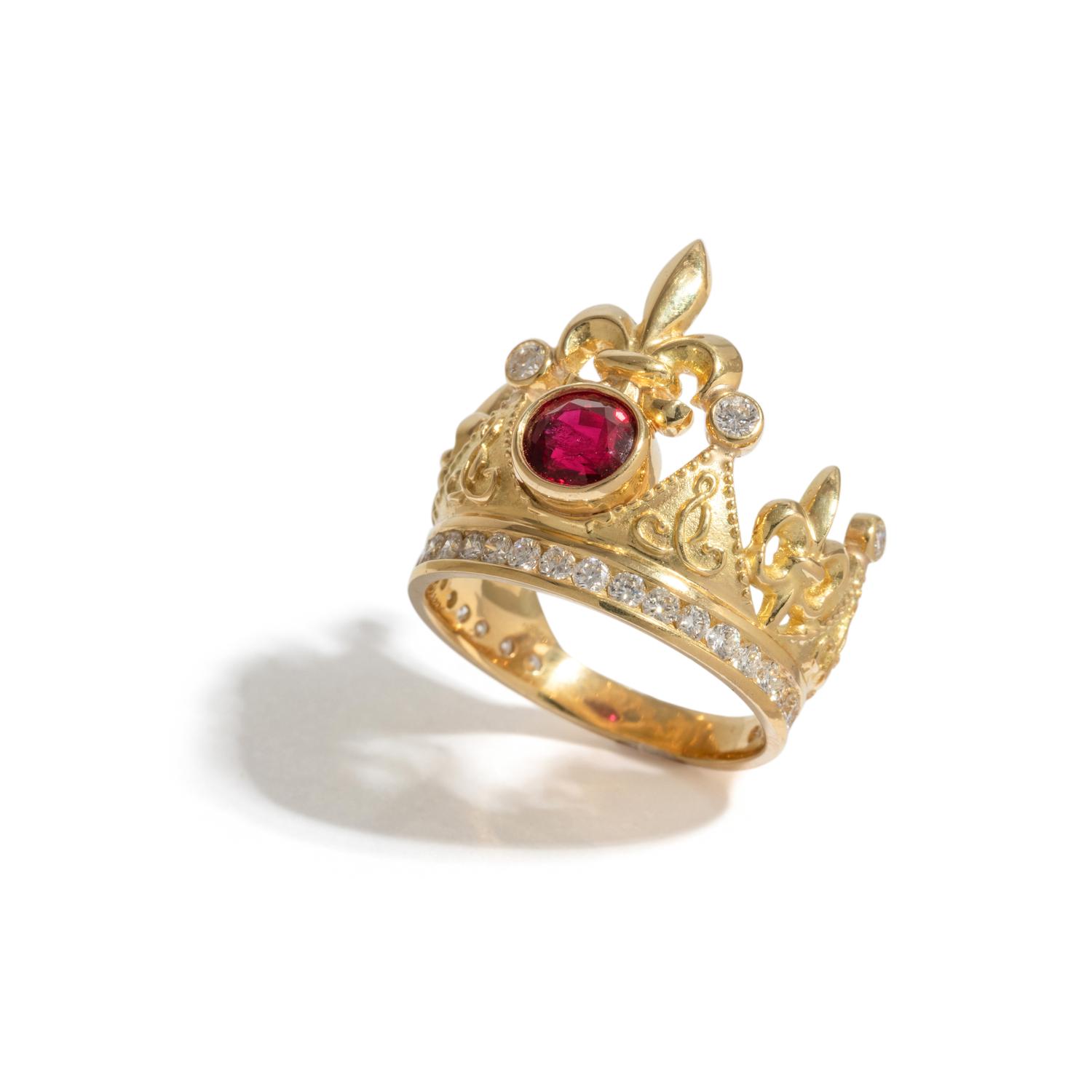CYNTHIA BACH, YELLOW GOLD, RUBY AND DIAMOND 'FLEUR DE LIS CROWN' RING
