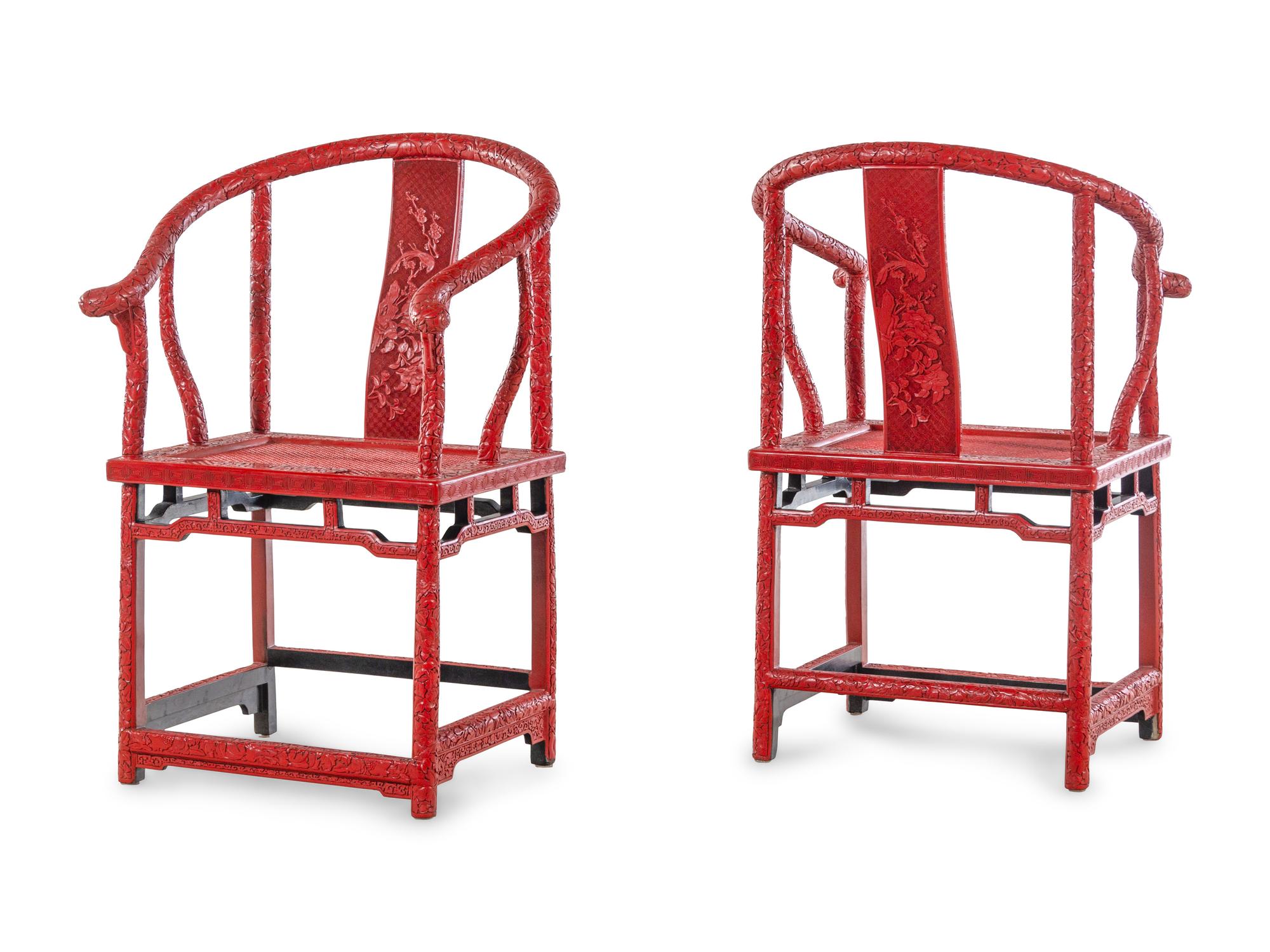 A Pair of Chinese Export Carved Red Lacquer Armchairs