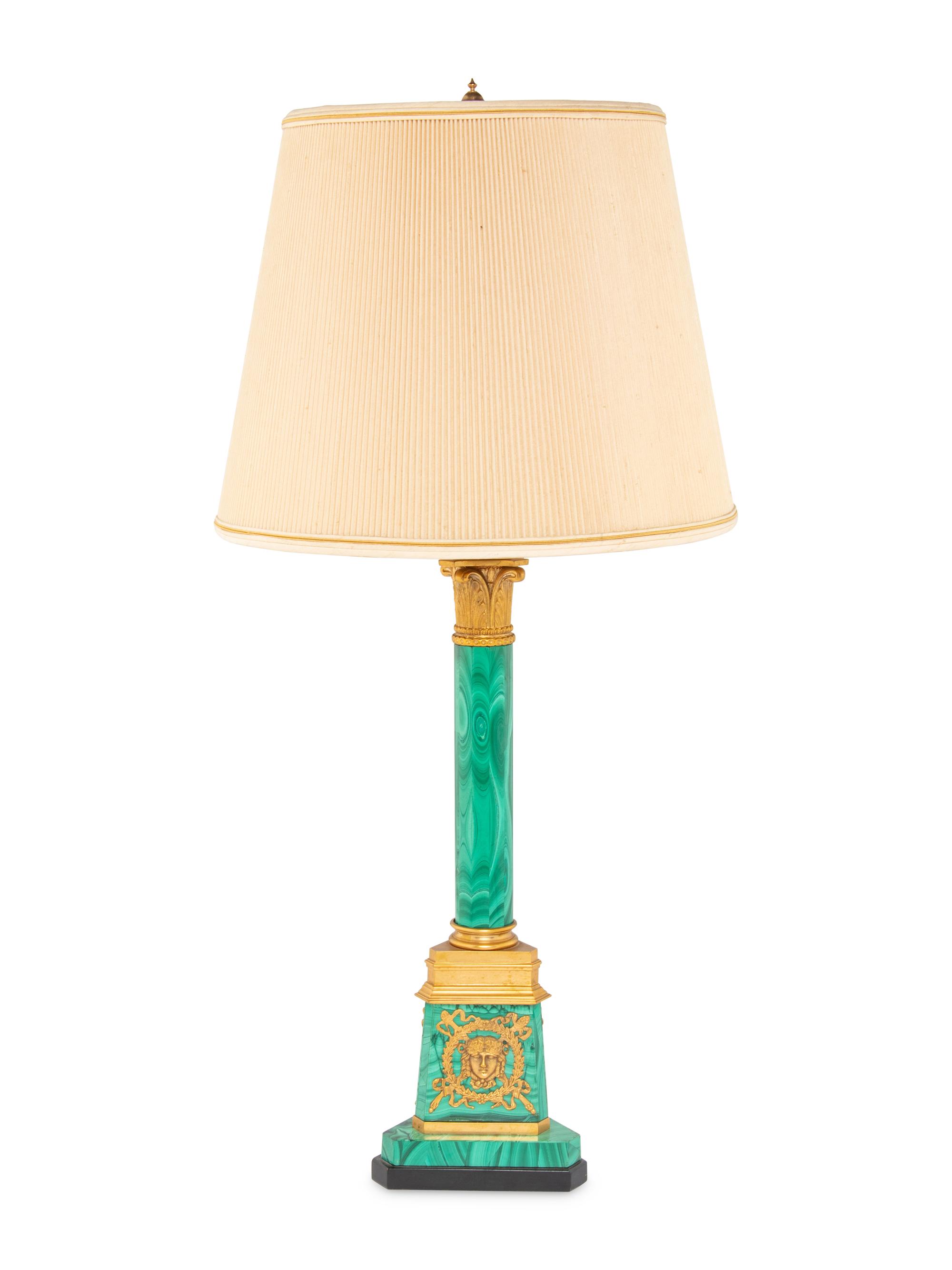 An Empire Style Gilt Bronze Mounted Malachite Table Lamp