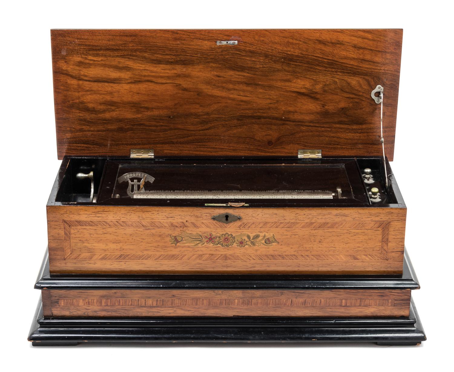 A Continental Marquetry Cylinder Music Box Height 10 x width 25 x depth 11 1/2 inches. — 19TH CENTURY