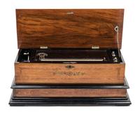 A Continental Marquetry Cylinder Music Box Height 10 x width 25 x depth 11 1/2 inches. — 19TH CENTURY