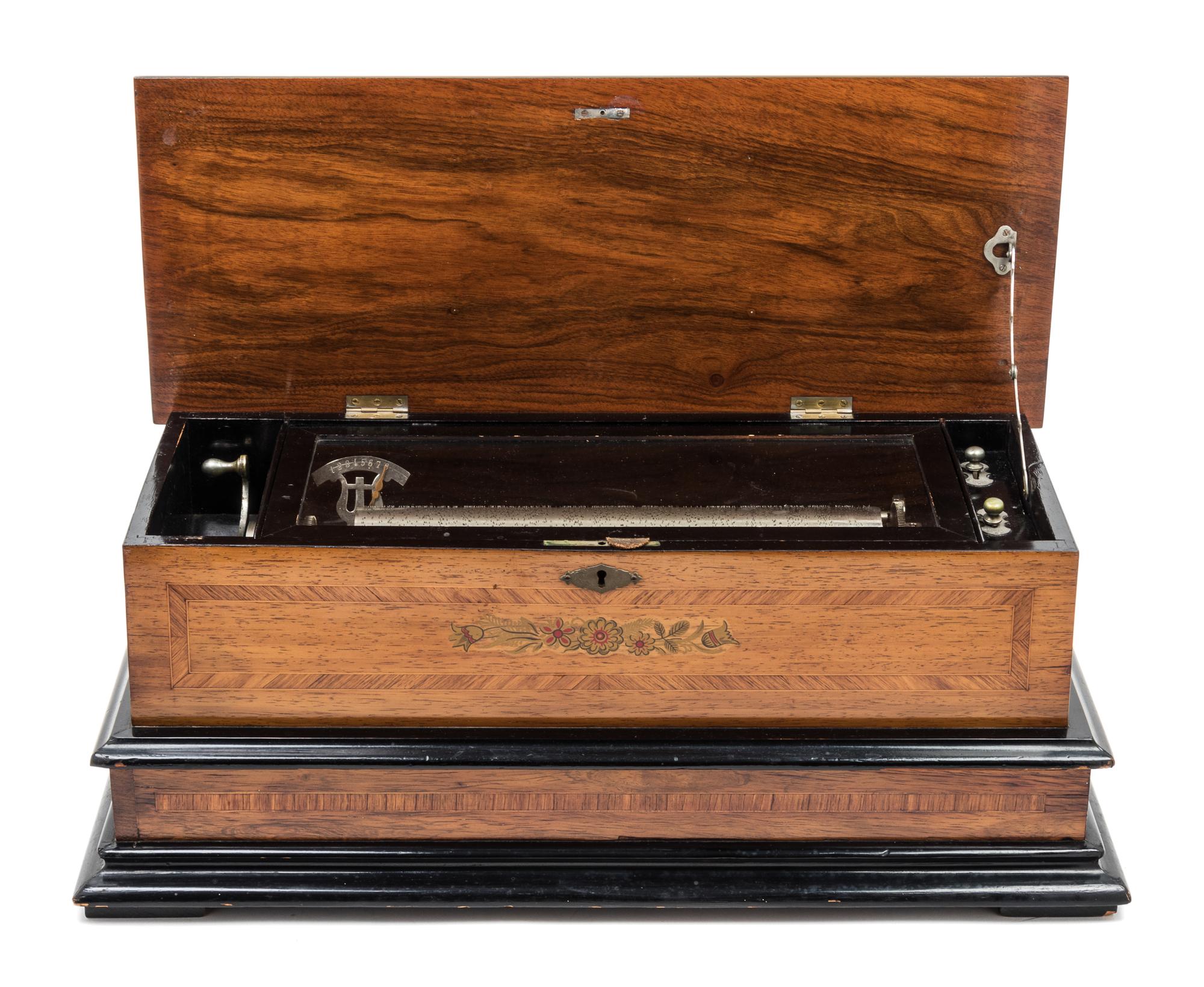 A Continental Marquetry Cylinder Music Box Height 10 x width 25 x depth 11 1/2 inches. — 19TH CENTURY