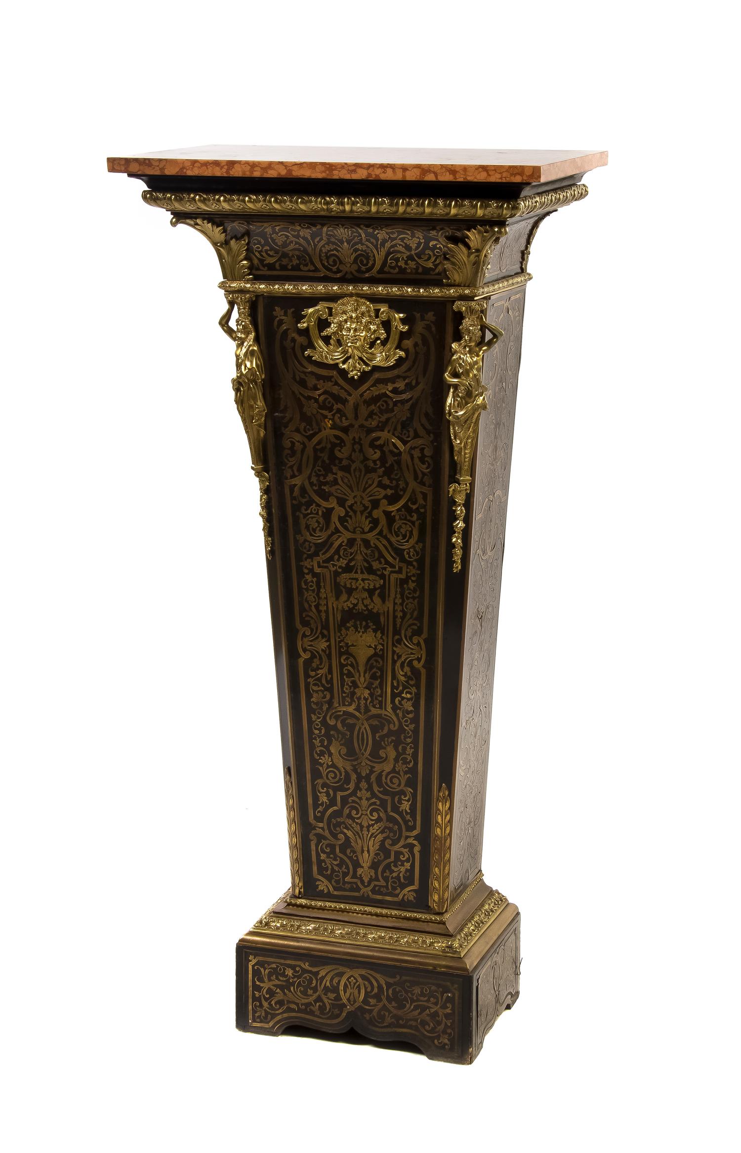 A Napoleon III Gilt Metal Mounted Boulle Marquetry Pedestal, Height 52 x width 24 3/4 x depth 14 1/2 inches.