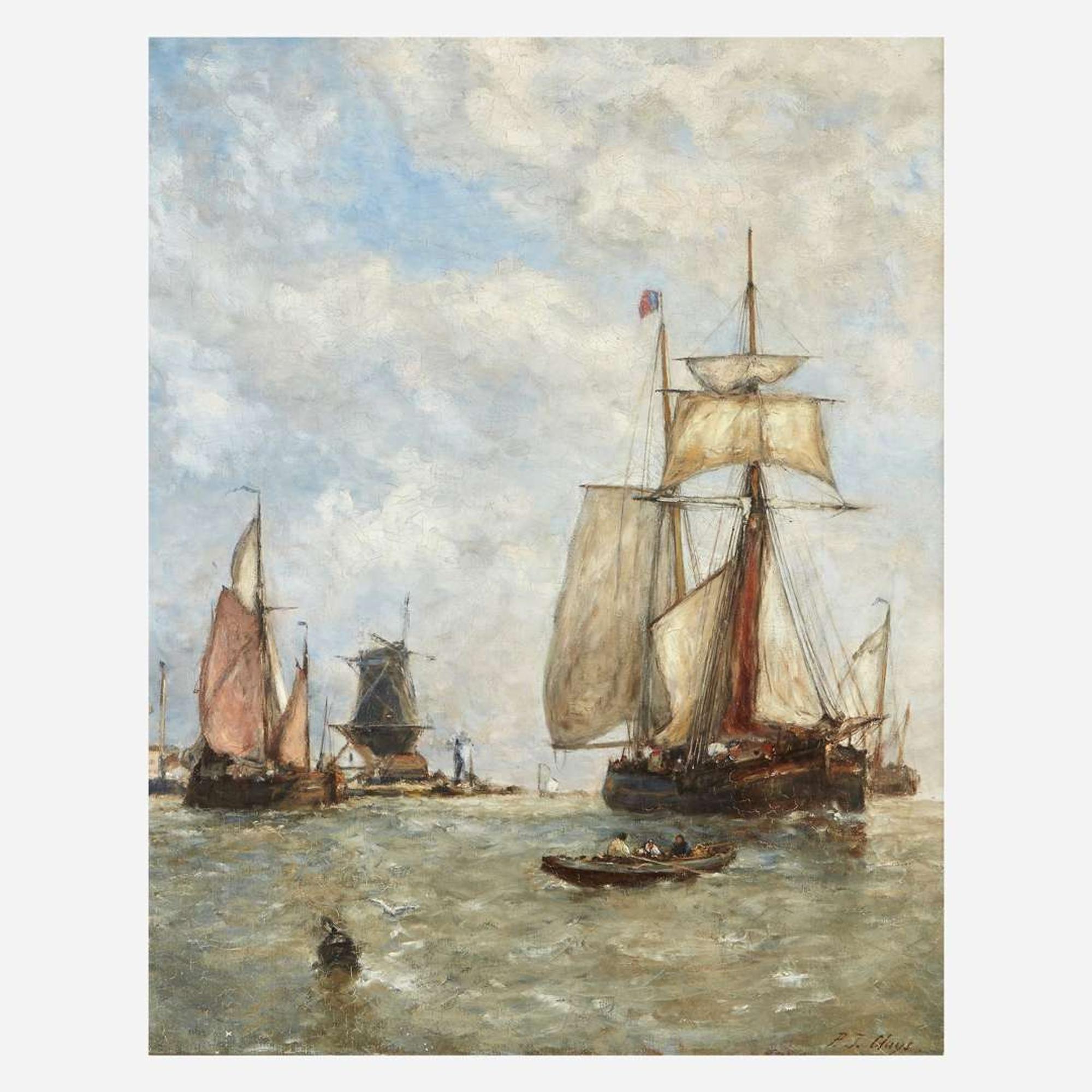 Paul Jean Clays (Belgian, 1819–1900) Barges Moored Before a Windmill