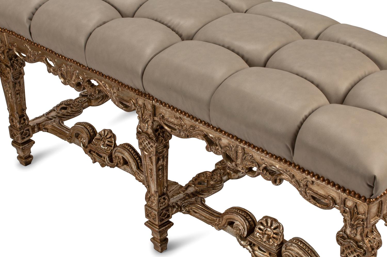 A Pair of Regence Style Leather Upholstered Silvered and Giltwood Benches