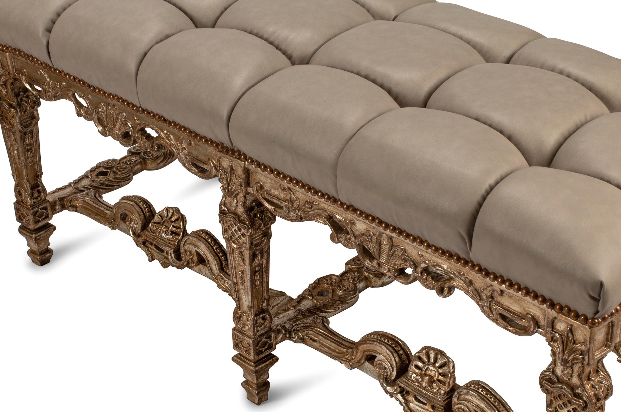 A Pair of Regence Style Leather Upholstered Silvered and Giltwood Benches
