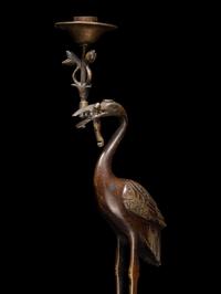 Three Chinese Bronze 'Turtle and Crane' Candle Holders
