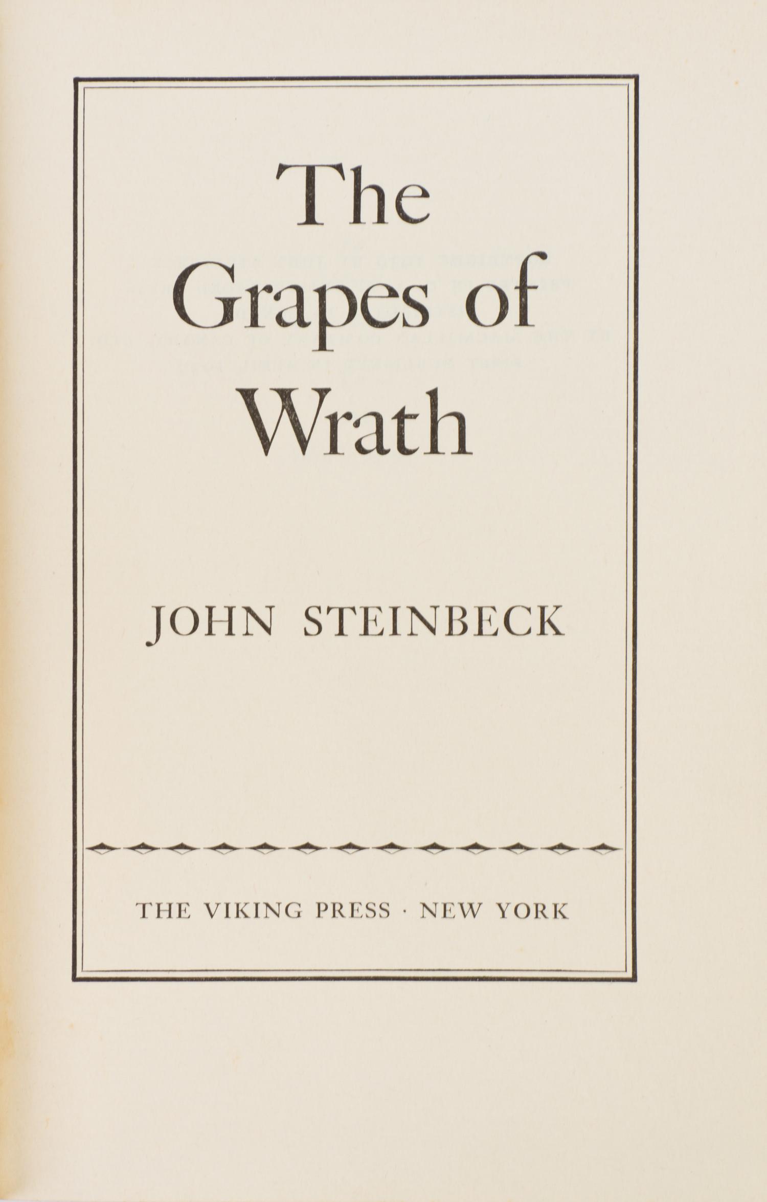 STEINBECK, JOHN. The Grapes of Wrath. New York, 1939. First ed., first issue jacket.