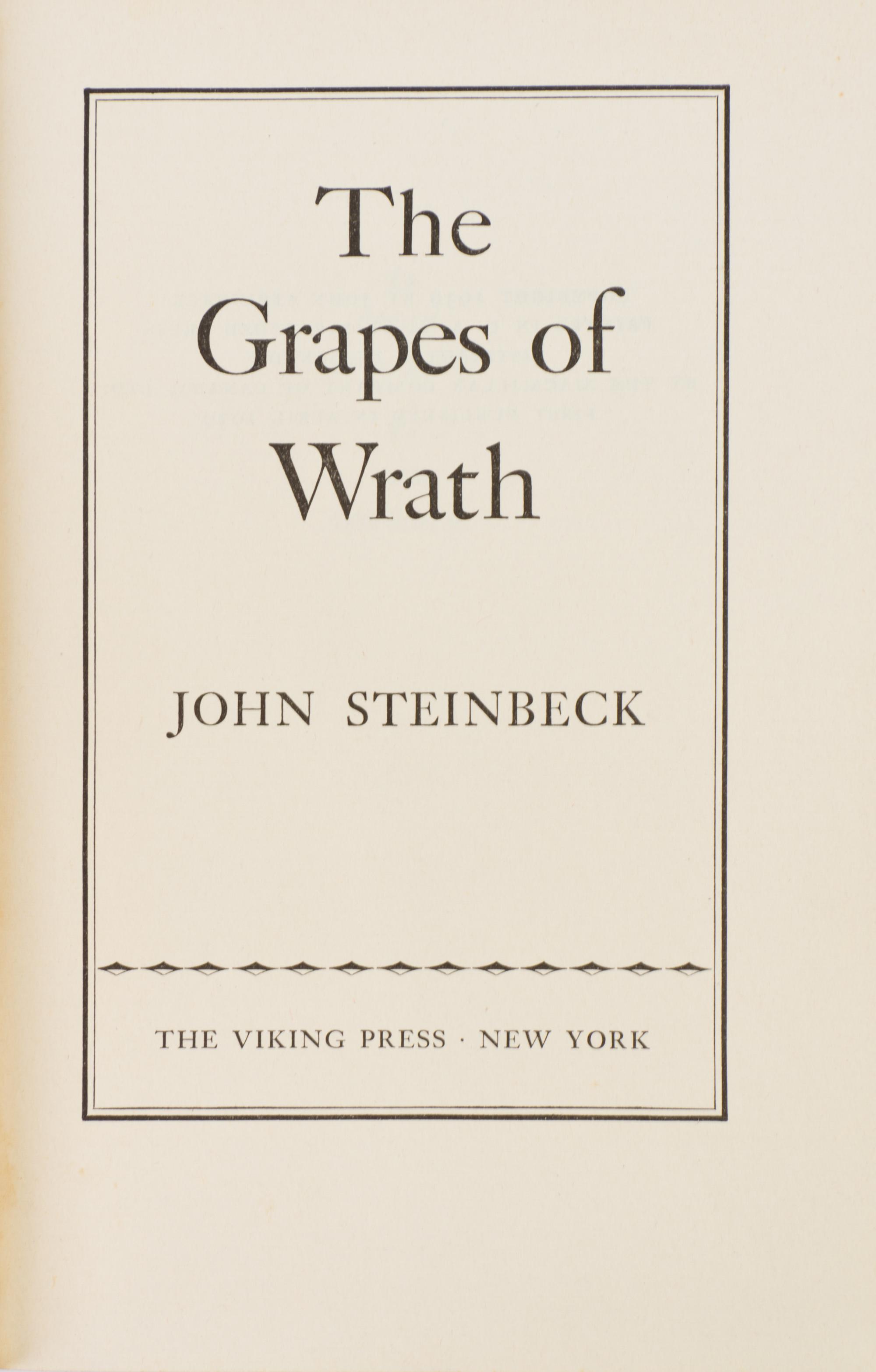 STEINBECK, JOHN. The Grapes of Wrath. New York, 1939. First ed., first issue jacket.