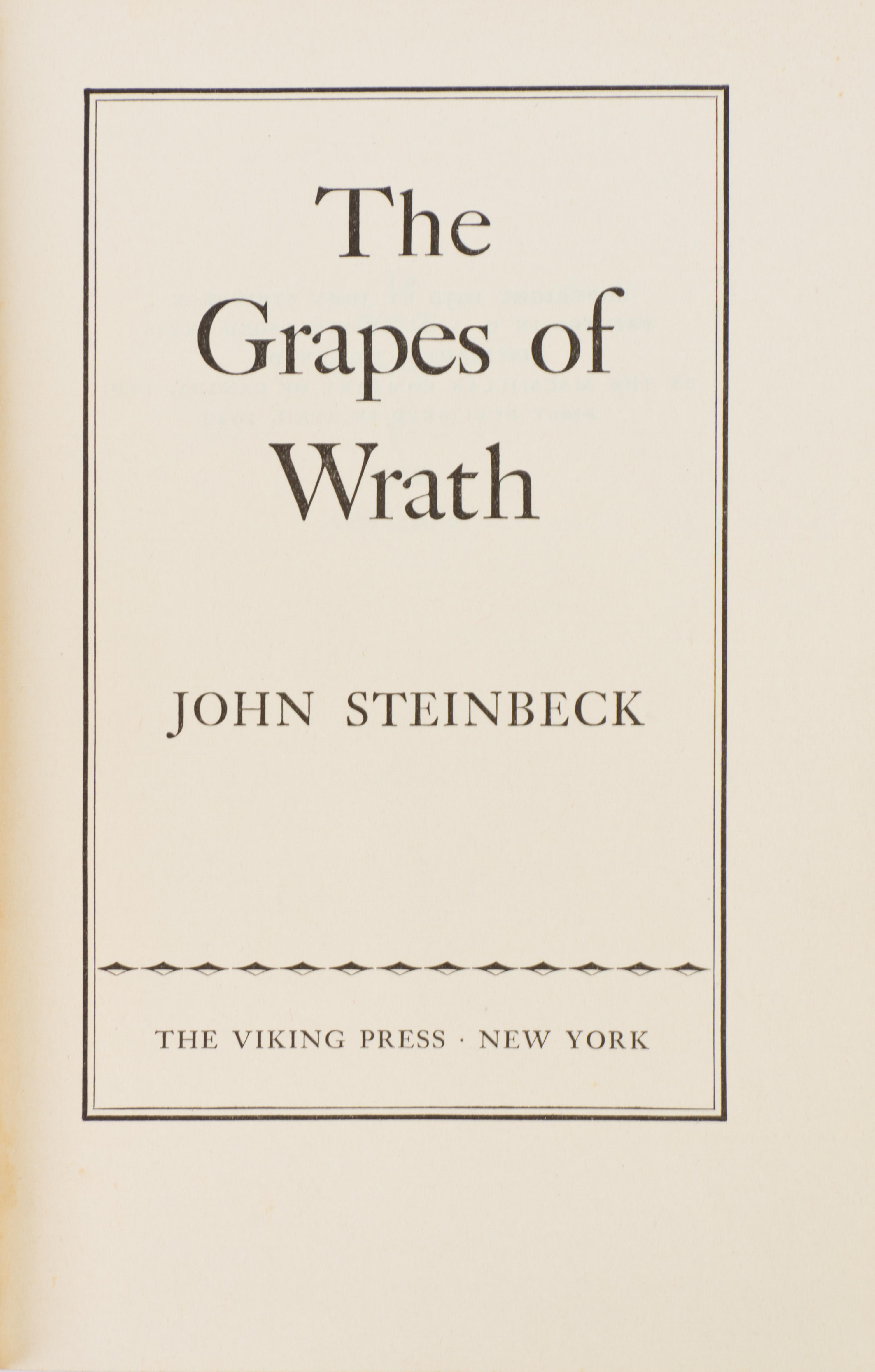STEINBECK, JOHN. The Grapes of Wrath. New York, 1939. First ed., first issue jacket.