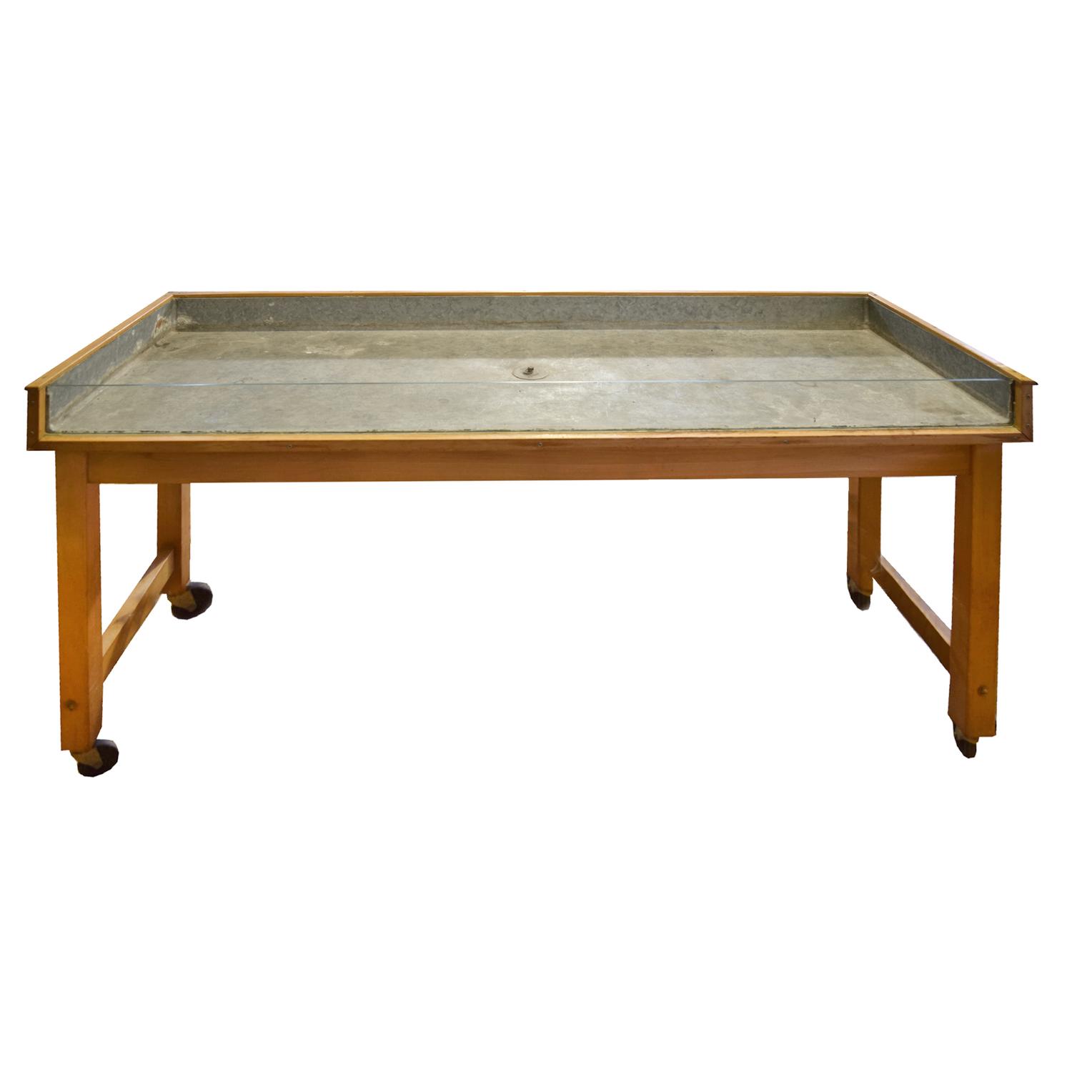A Table with Zinc Lined Top 72" W x 24" D x 36" H — United States, Circa 1950