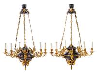 A Pair of Empire Style Gilt and Patinated Bronze Six-Light Chandeliers Height 40 x diameter 25 inches. — 20TH CENTURY