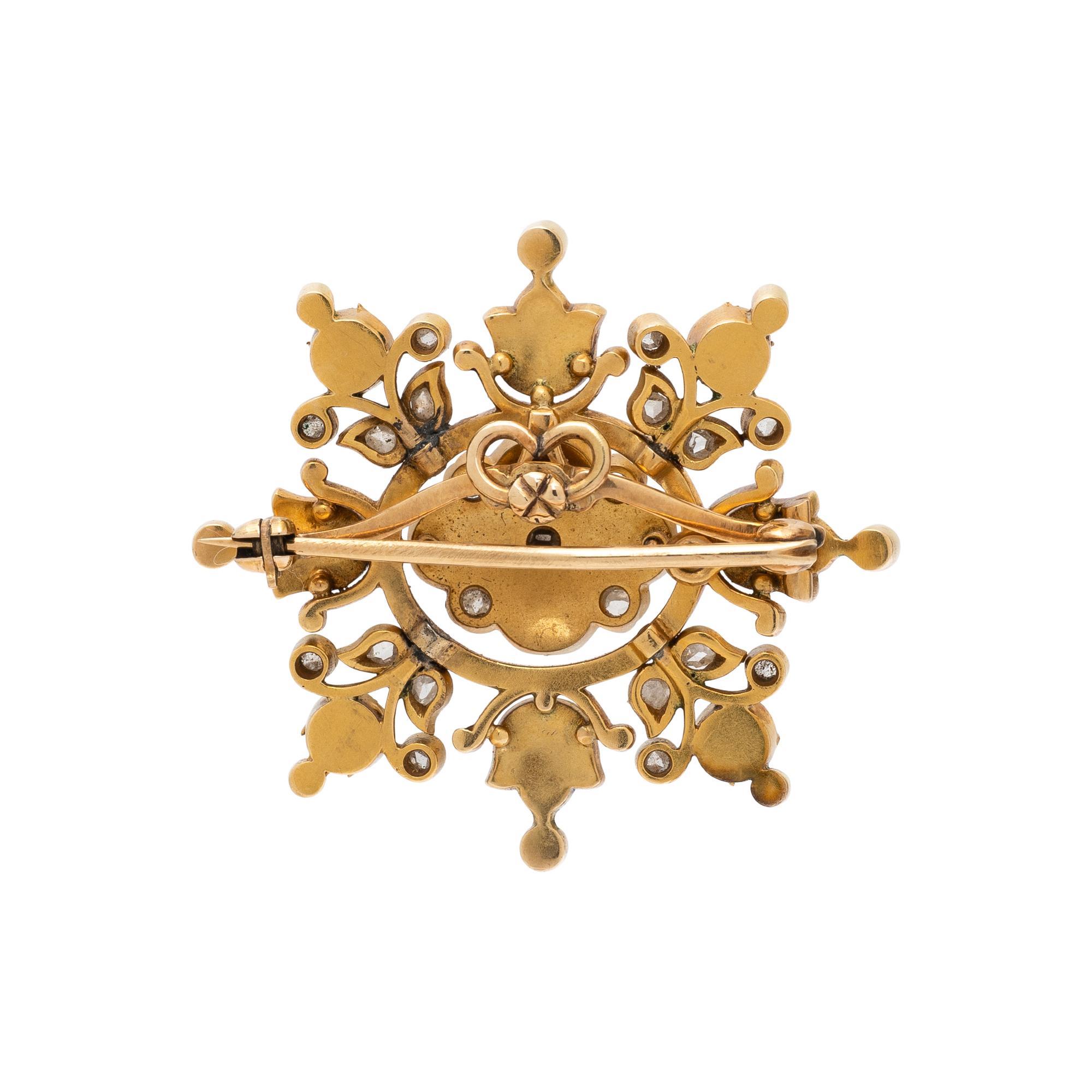 ANTIQUE, DIAMOND, SEED PEARL, ENAMEL, AND YELLOW GOLD BROOCH