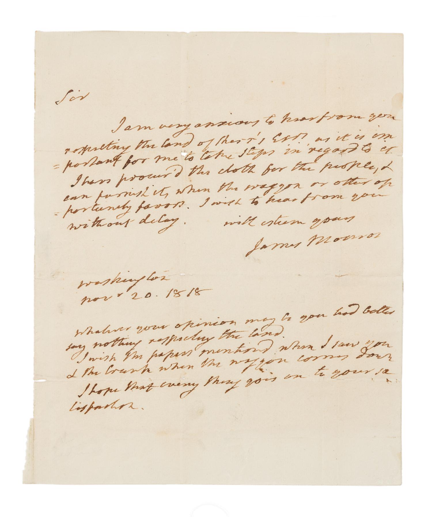 MONROE, James. Autographed letter signed ("James Monroe"), as President, to an unnamed recipient, Washington, D.C., 20 November 1818.