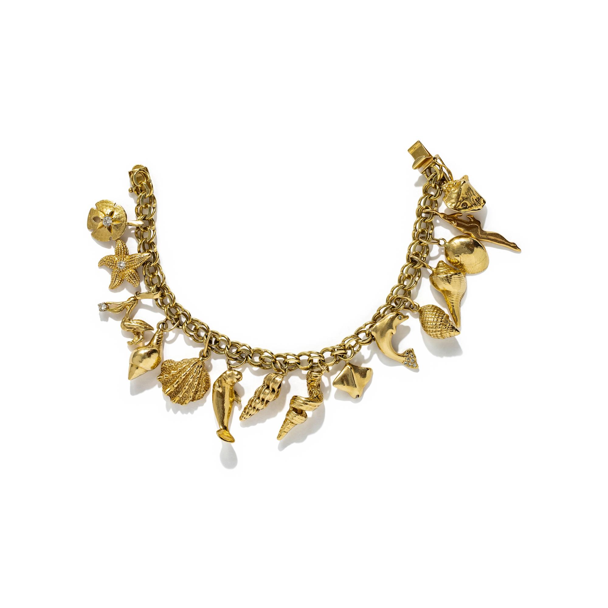 YELLOW GOLD AND DIAMOND AQUATIC CHARM BRACELET