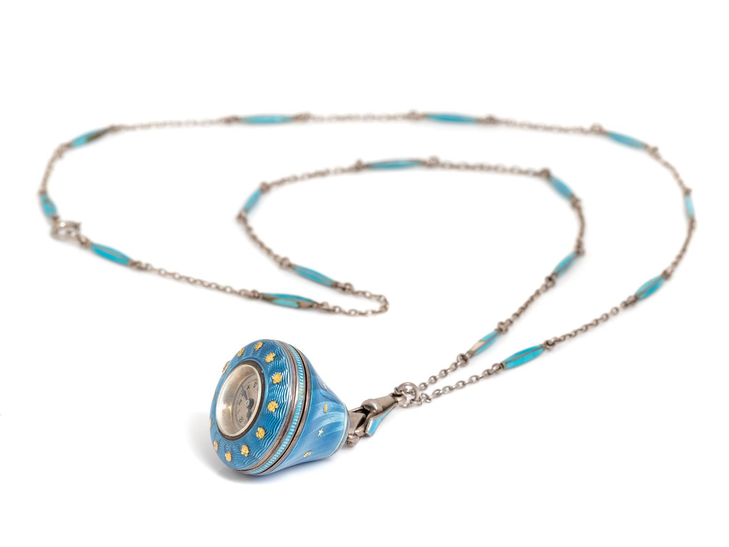 A Silver and Enamel Pendant Watch Necklace,
