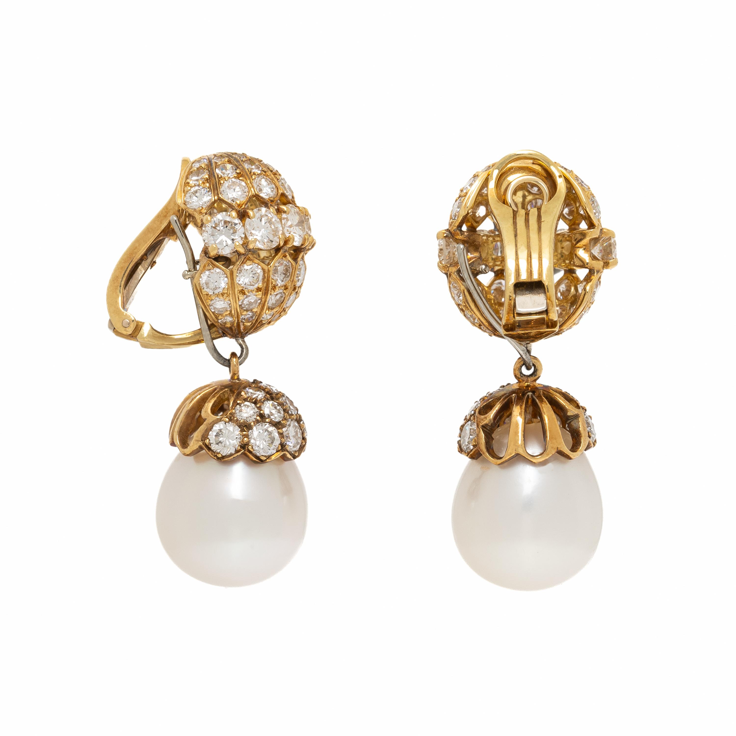 Cultured Pearl, Diamond, and Yellow Gold Earrings