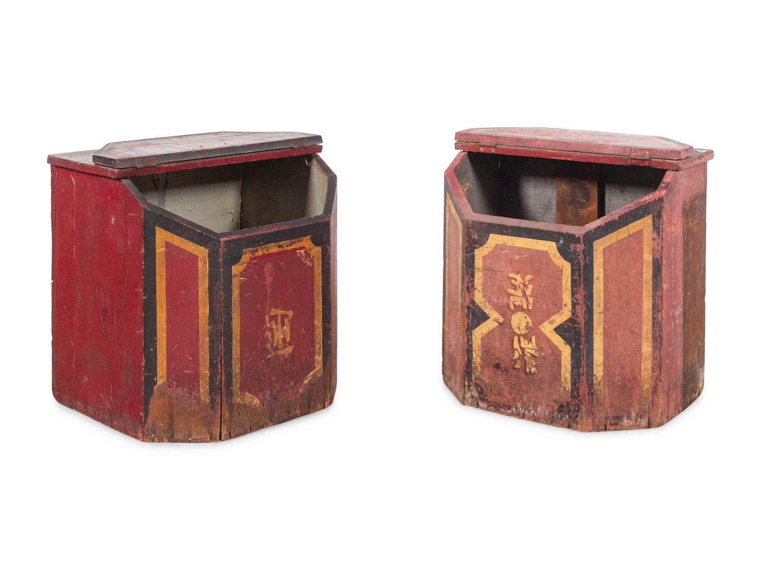 A Pair of Chinese Painted Wood Tea Containers