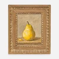 Robert Kulicke (American, 1924–2007) Single Yellow Pear with an Almond on a Light Grey Background