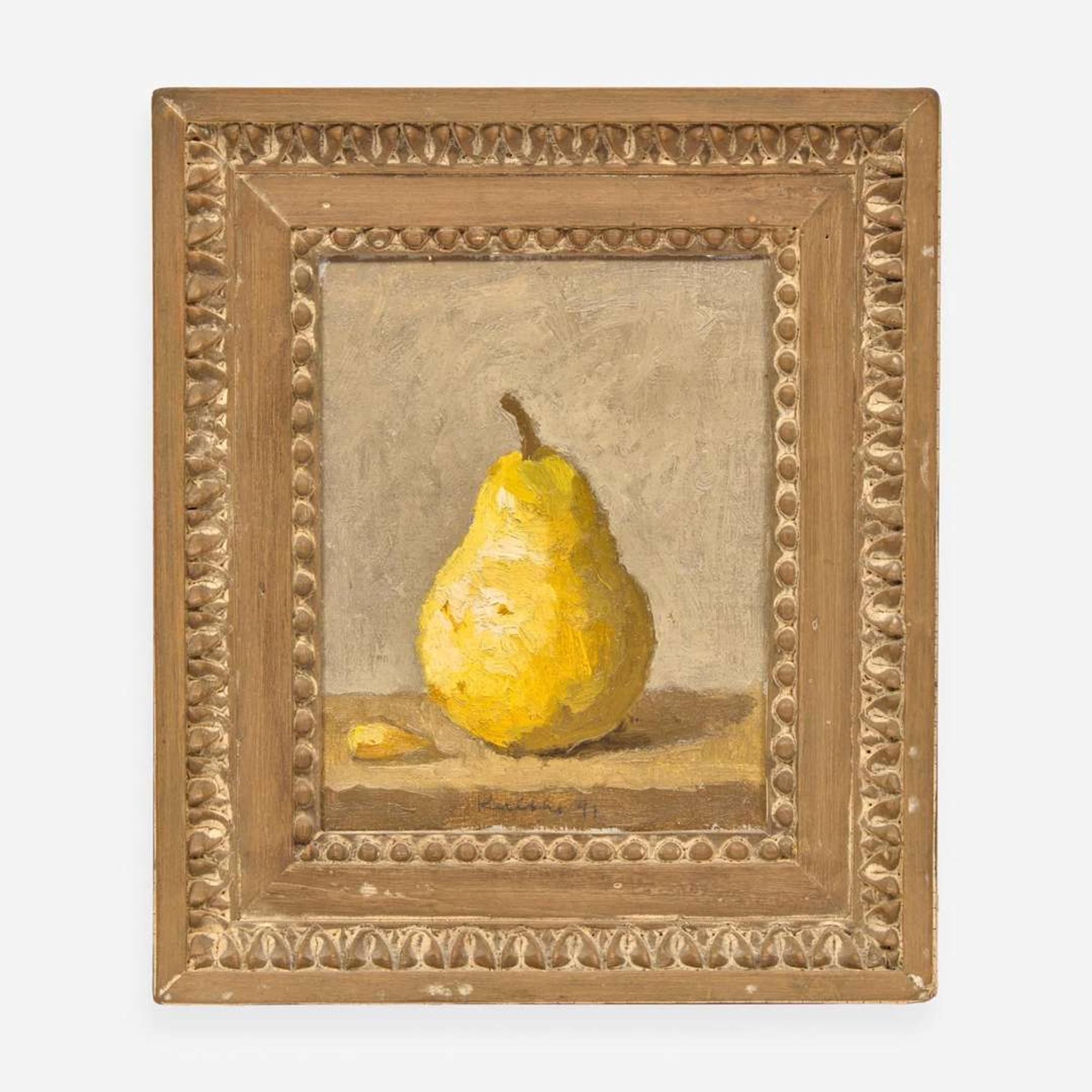 Robert Kulicke (American, 1924–2007) Single Yellow Pear with an Almond on a Light Grey Background