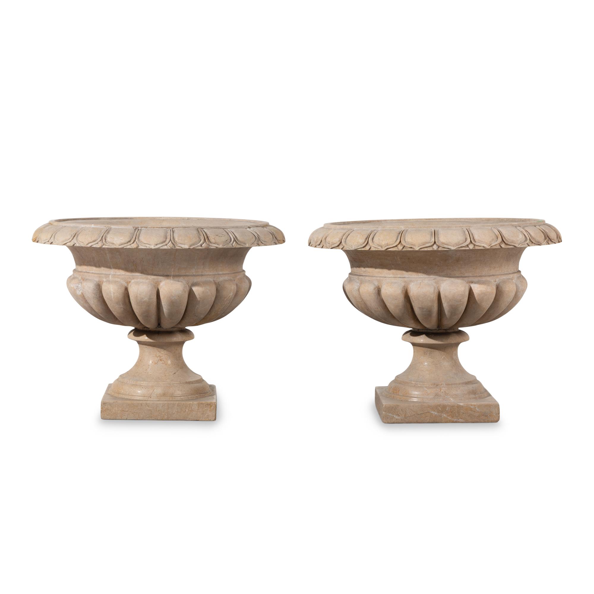 A Pair of Neoclassical Style Carved Marble Urns