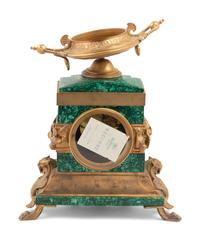 An Empire Style Gilt Bronze and Malachite Veneered Mantel Clock