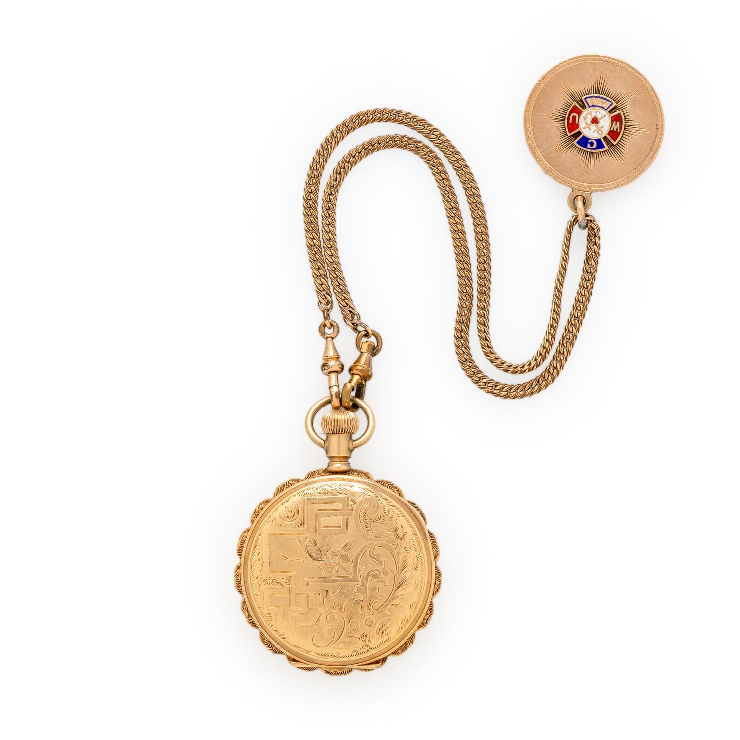 ELGIN, 14K YELLOW GOLD HUNTER CASE POCKET WATCH WITH CHARM
