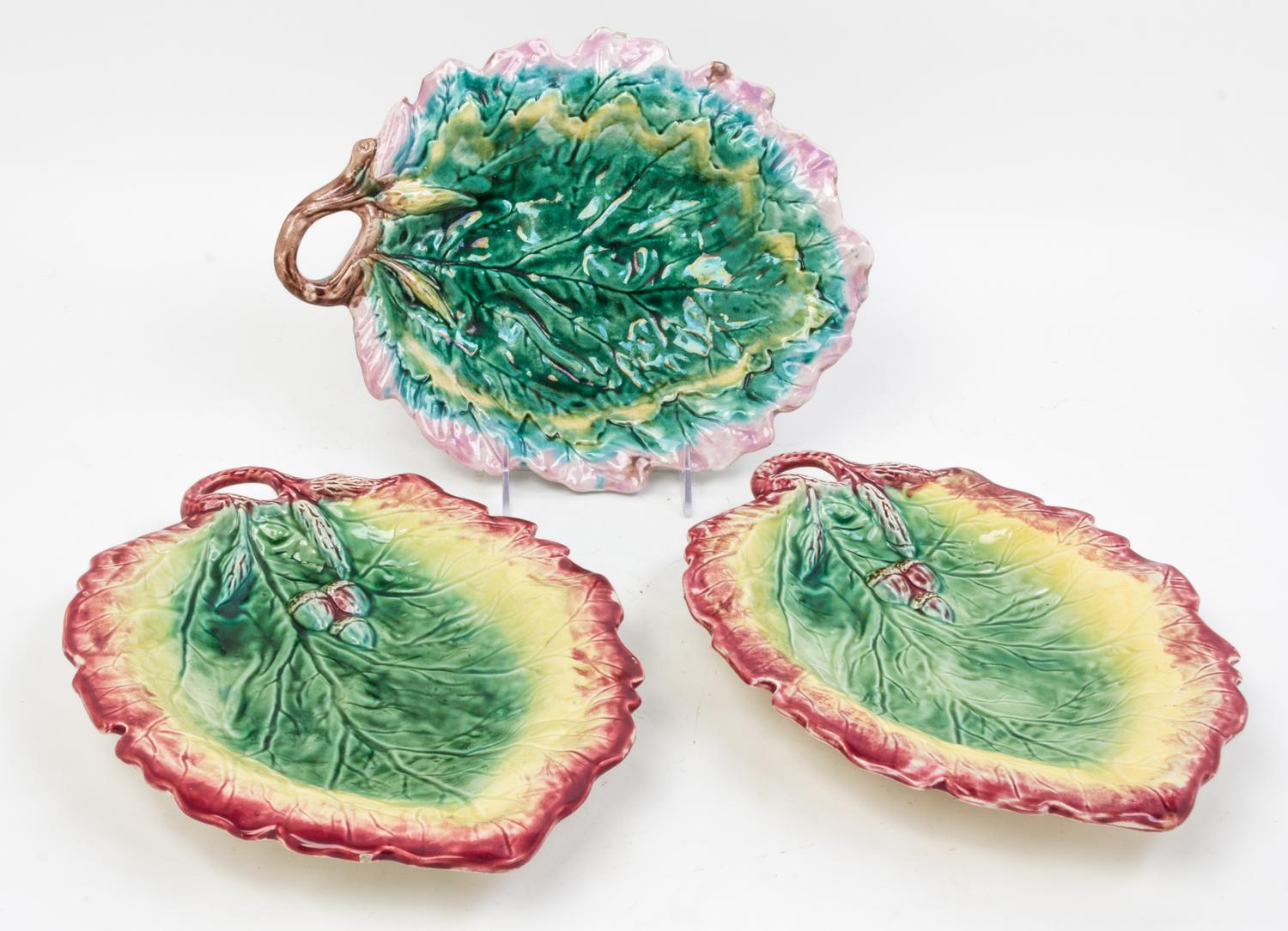 A Set of Three Majolica Leaf Form Dishes Width of largest 12 1/4 inches.