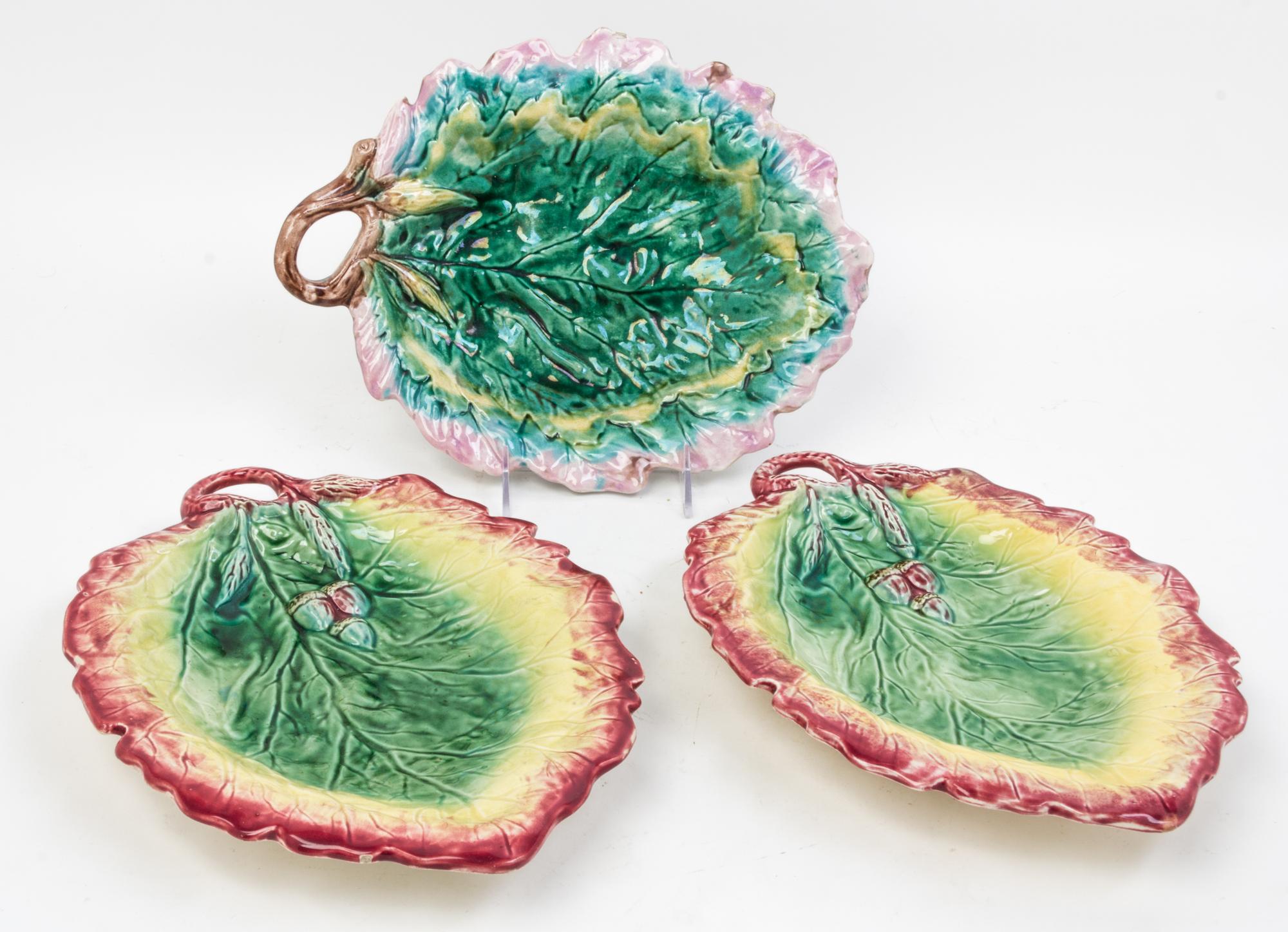 A Set of Three Majolica Leaf Form Dishes Width of largest 12 1/4 inches.