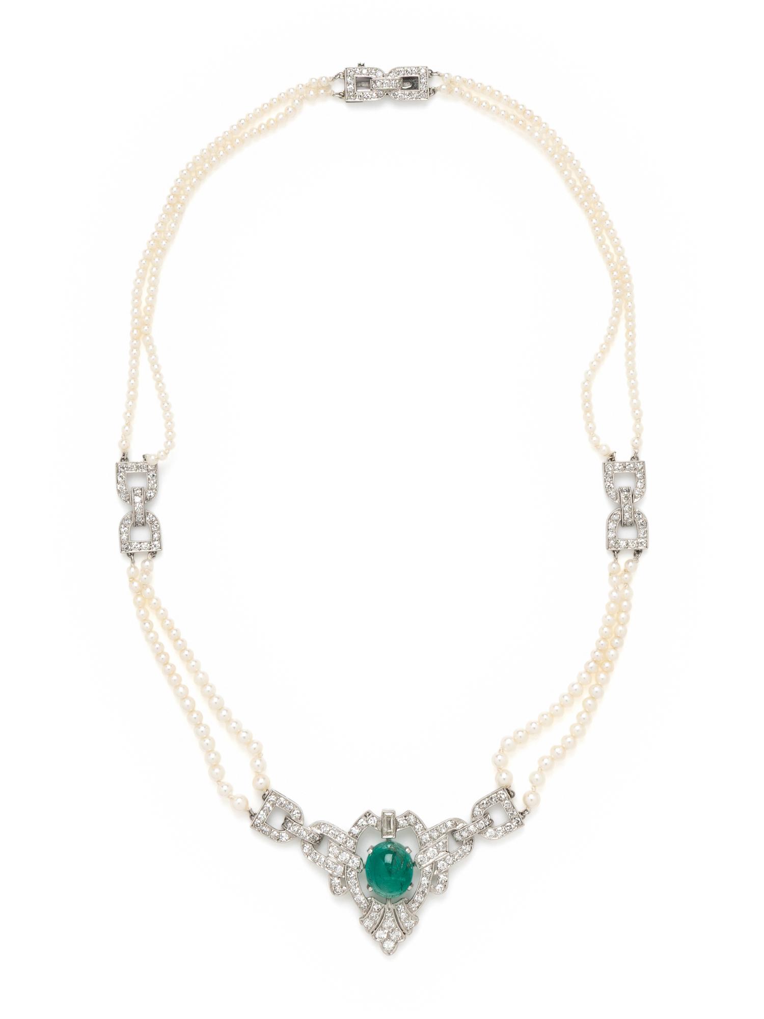 ART DECO, EMERALD, DIAMOND, AND SEED PEARL CHOKER NECKLACE