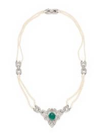 ART DECO, EMERALD, DIAMOND, AND SEED PEARL CHOKER NECKLACE