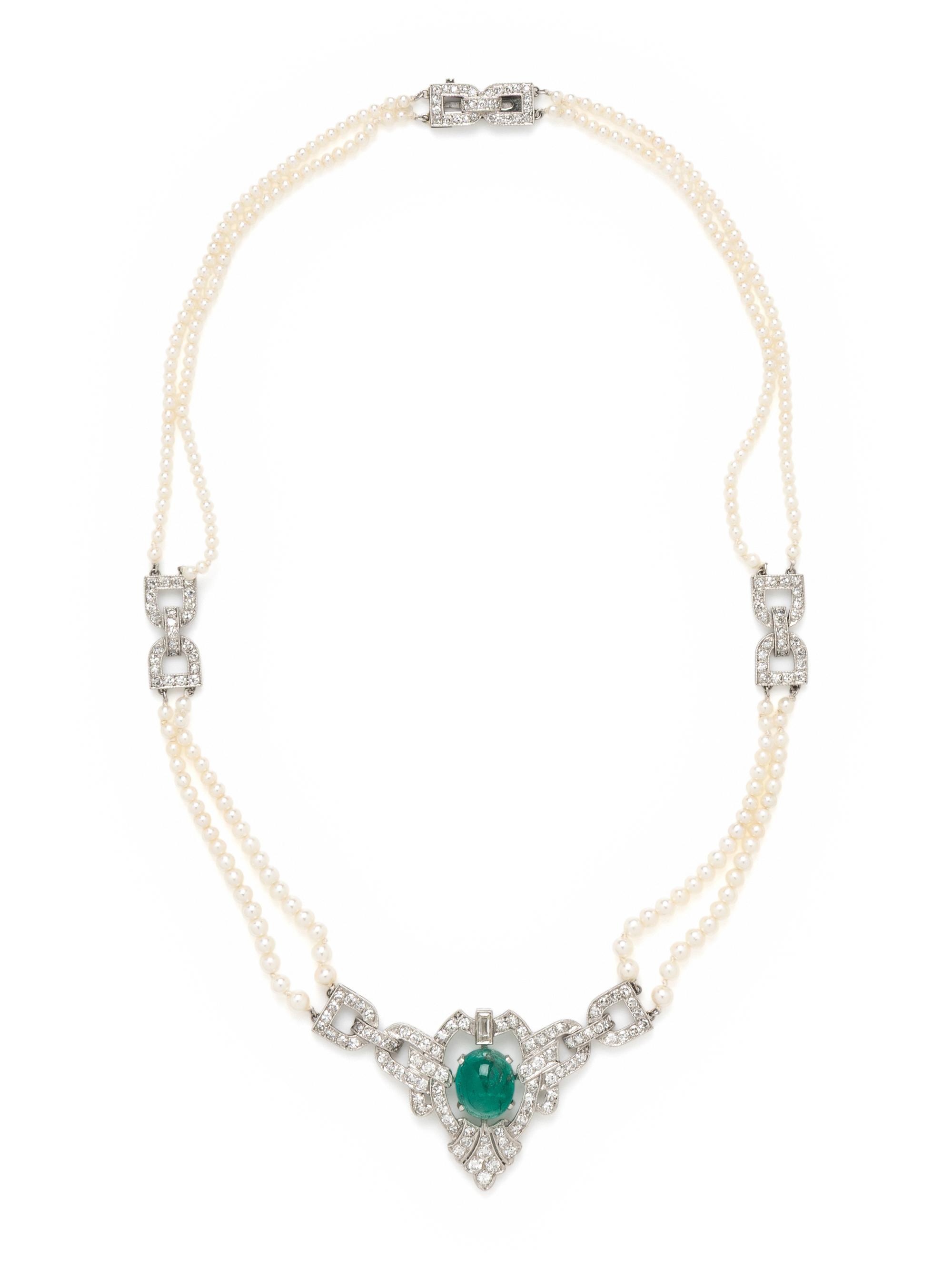 ART DECO, EMERALD, DIAMOND, AND SEED PEARL CHOKER NECKLACE