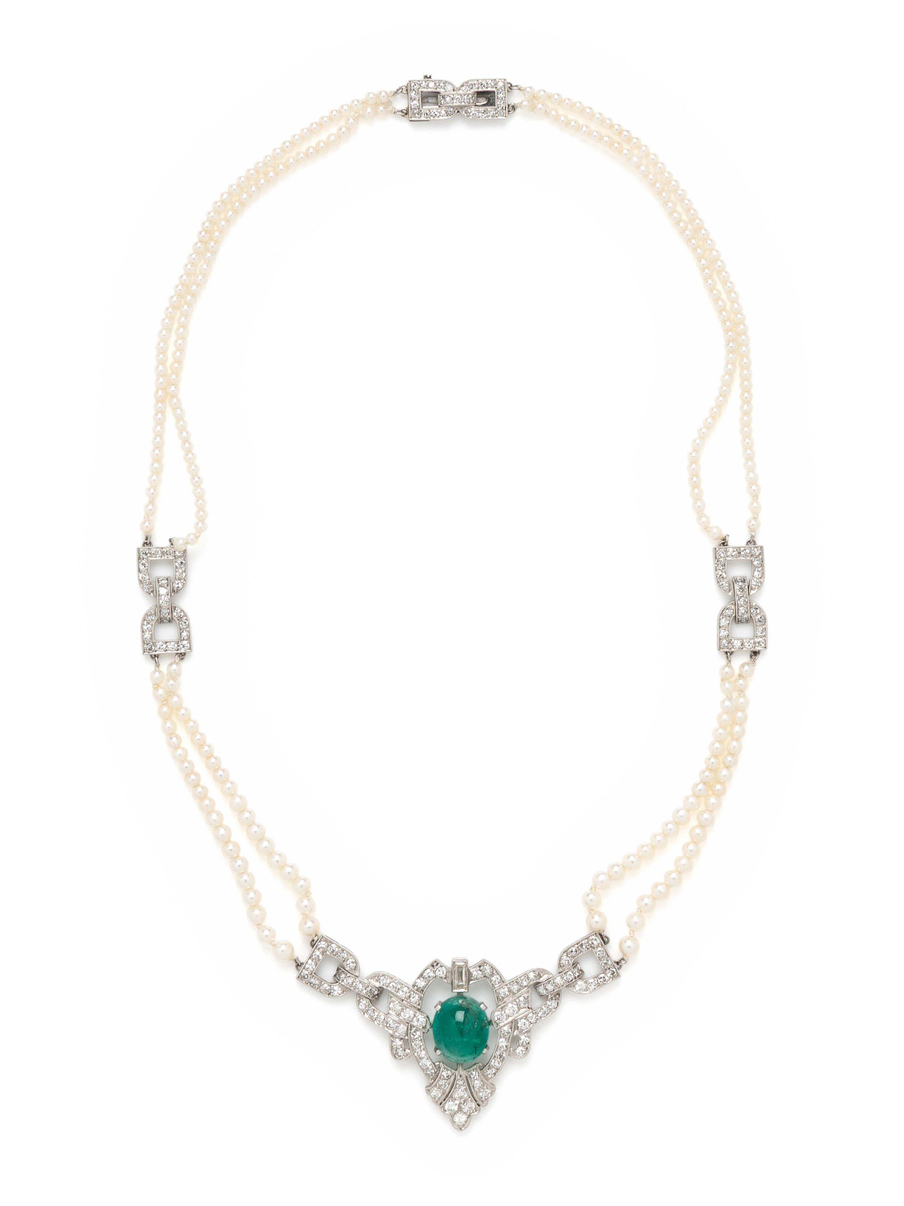 ART DECO, EMERALD, DIAMOND, AND SEED PEARL CHOKER NECKLACE