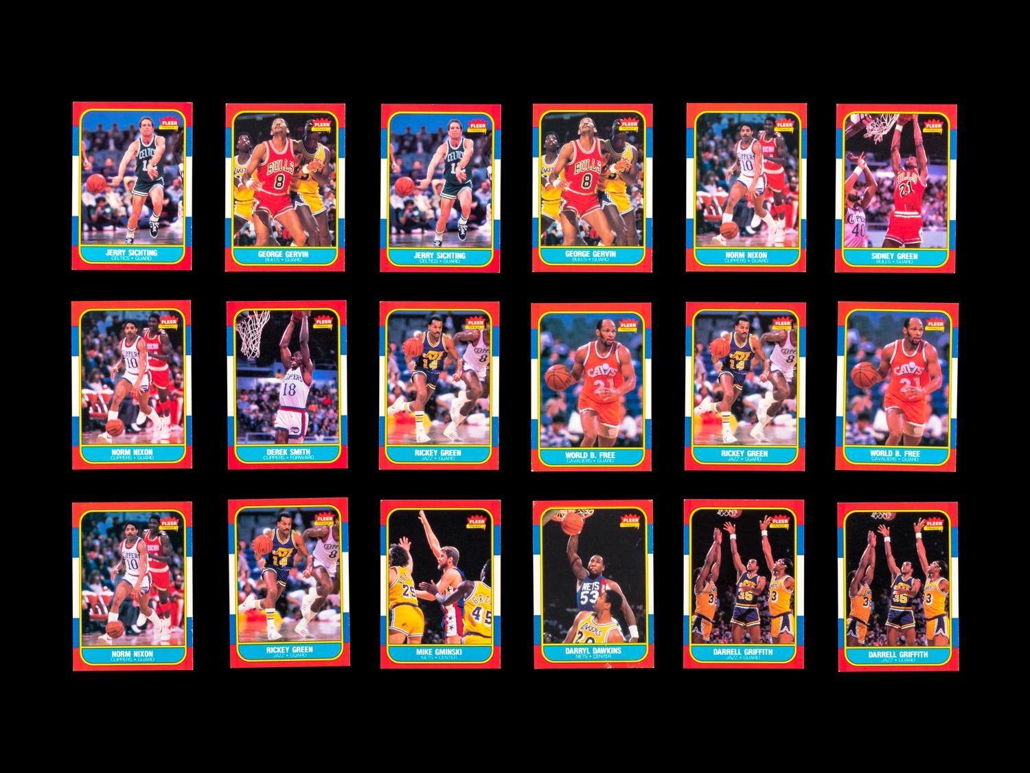 A Group of 71 1986 Fleer Basketball Cards and Stickers (Including Julius Erving, Patrick Ewing, Magic Johnson and Hakeem Olajuwon)