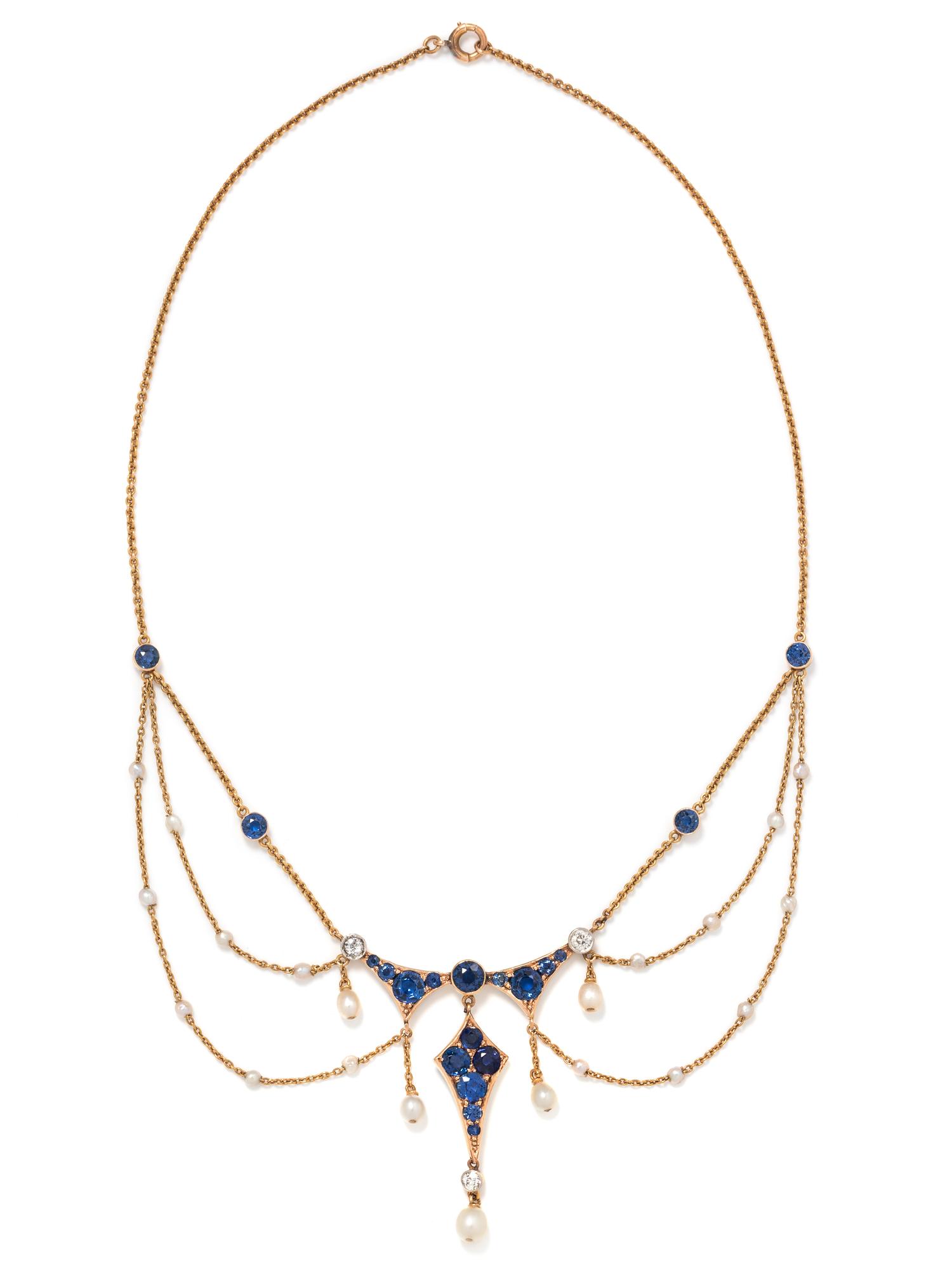 ART NOUVEAU, MONTANA SAPPHIRE, DIAMOND AND PEARL NECKLACE