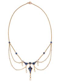 ART NOUVEAU, MONTANA SAPPHIRE, DIAMOND AND PEARL NECKLACE