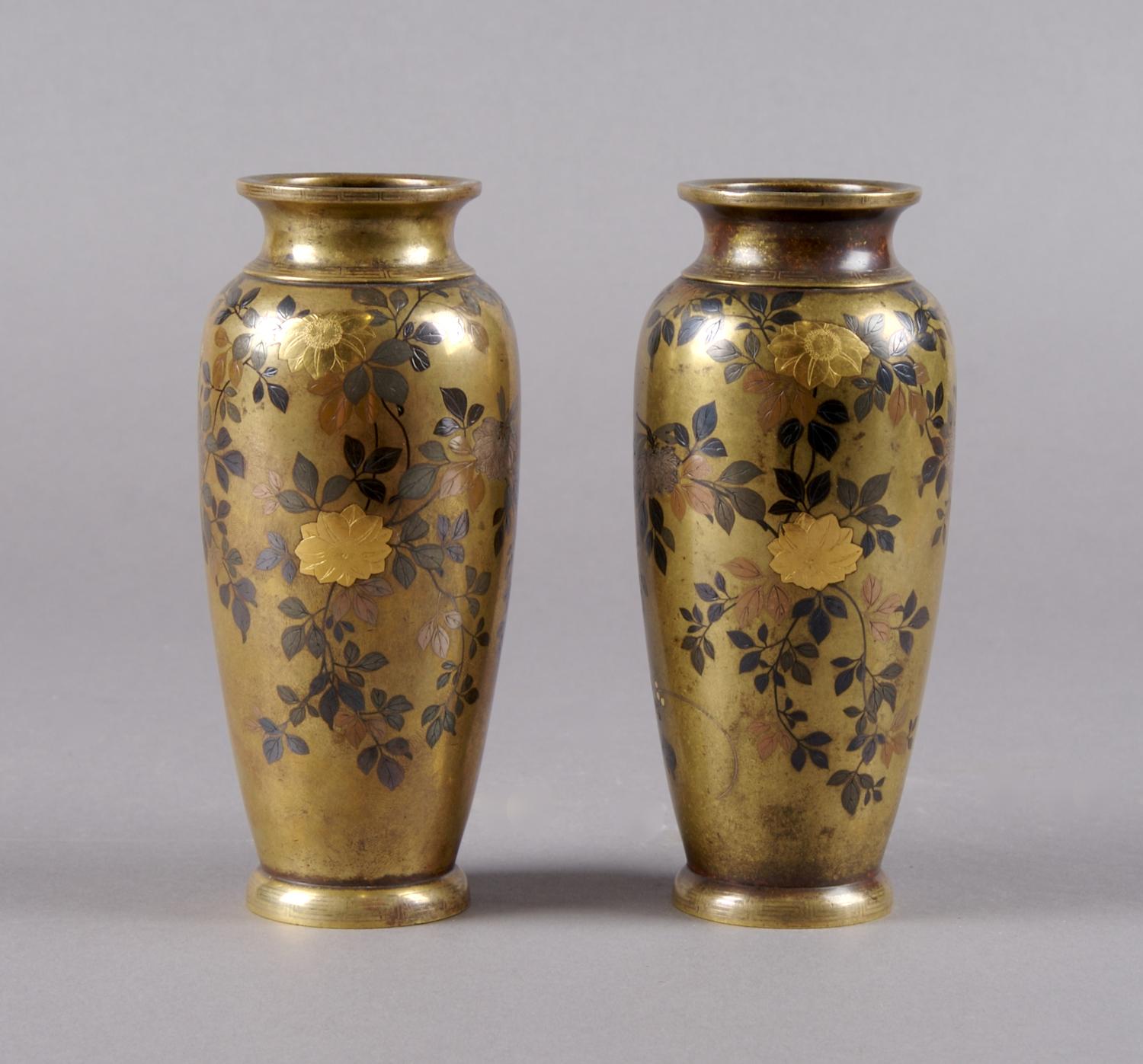 A Pair of Japanese Inlaid Bronze Vases, Height 6 inches.
