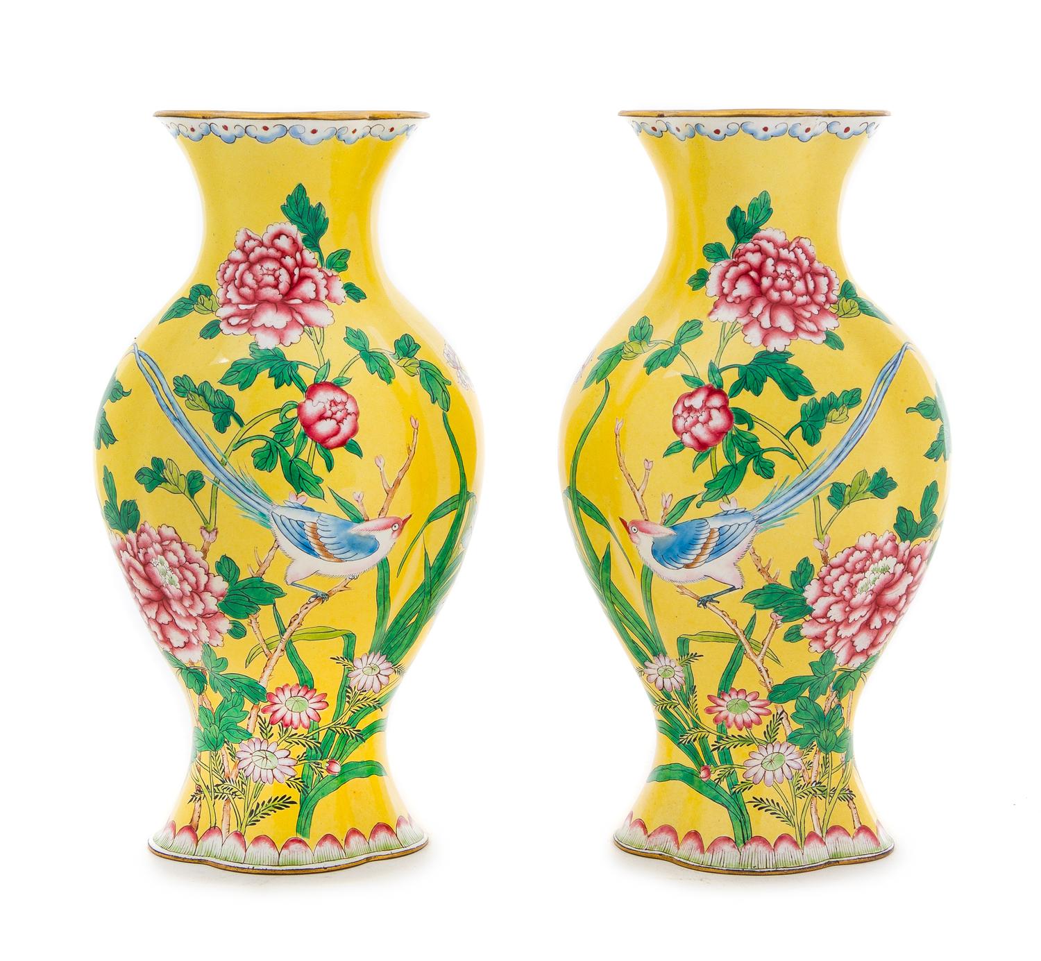 A Pair of Chinese Enamel on Copper Vases Height of each 8 1/4 inches.