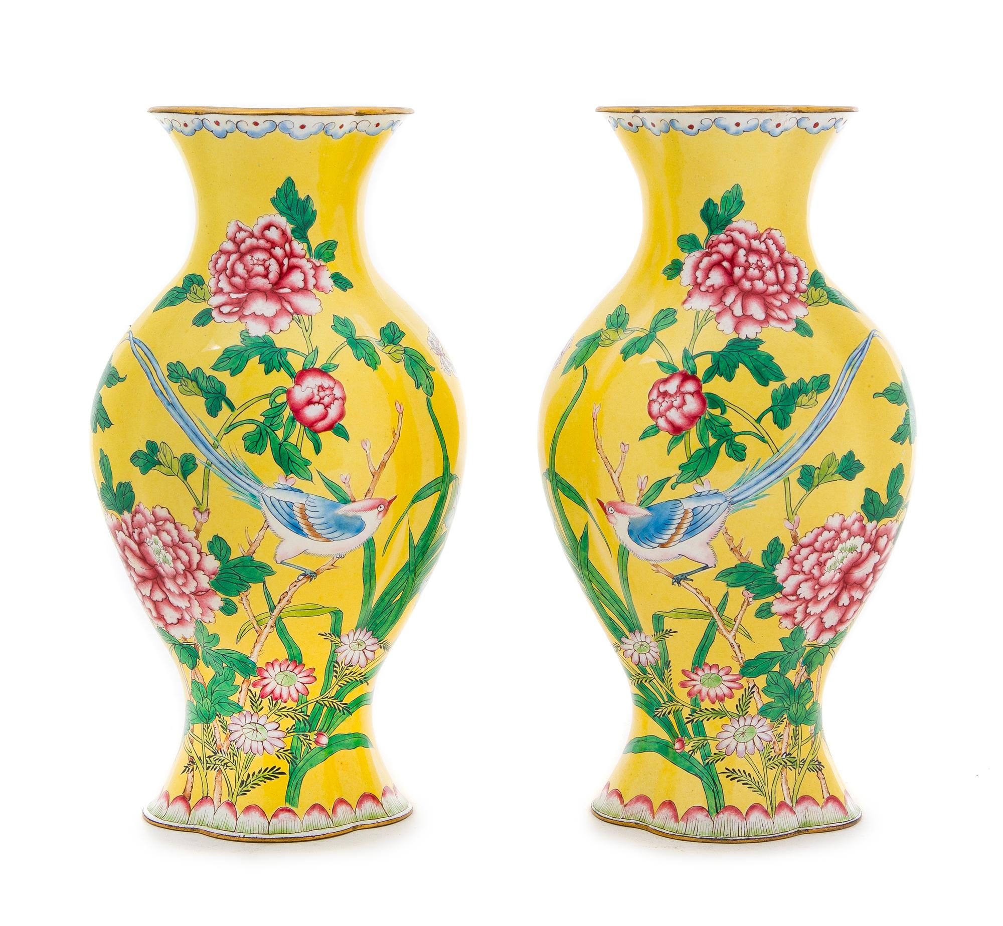 A Pair of Chinese Enamel on Copper Vases Height of each 8 1/4 inches.